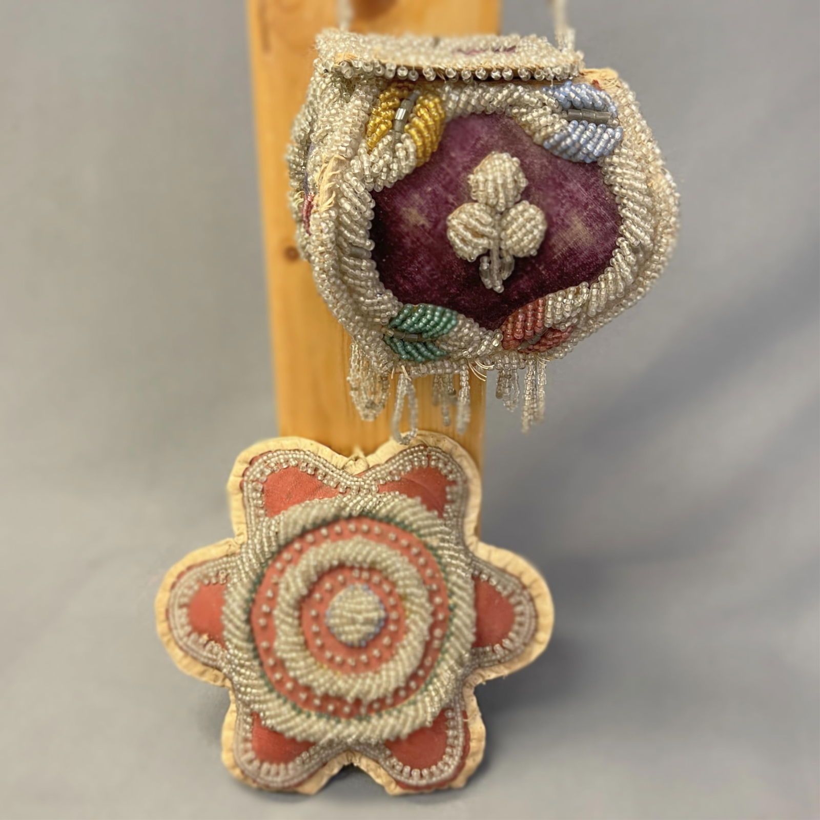 2 Mohawk beaded items - a purse and pincushion Purse: 4 3/4" wide x 4 3/4" high x 3 1/2" deep, (1 of 10)
