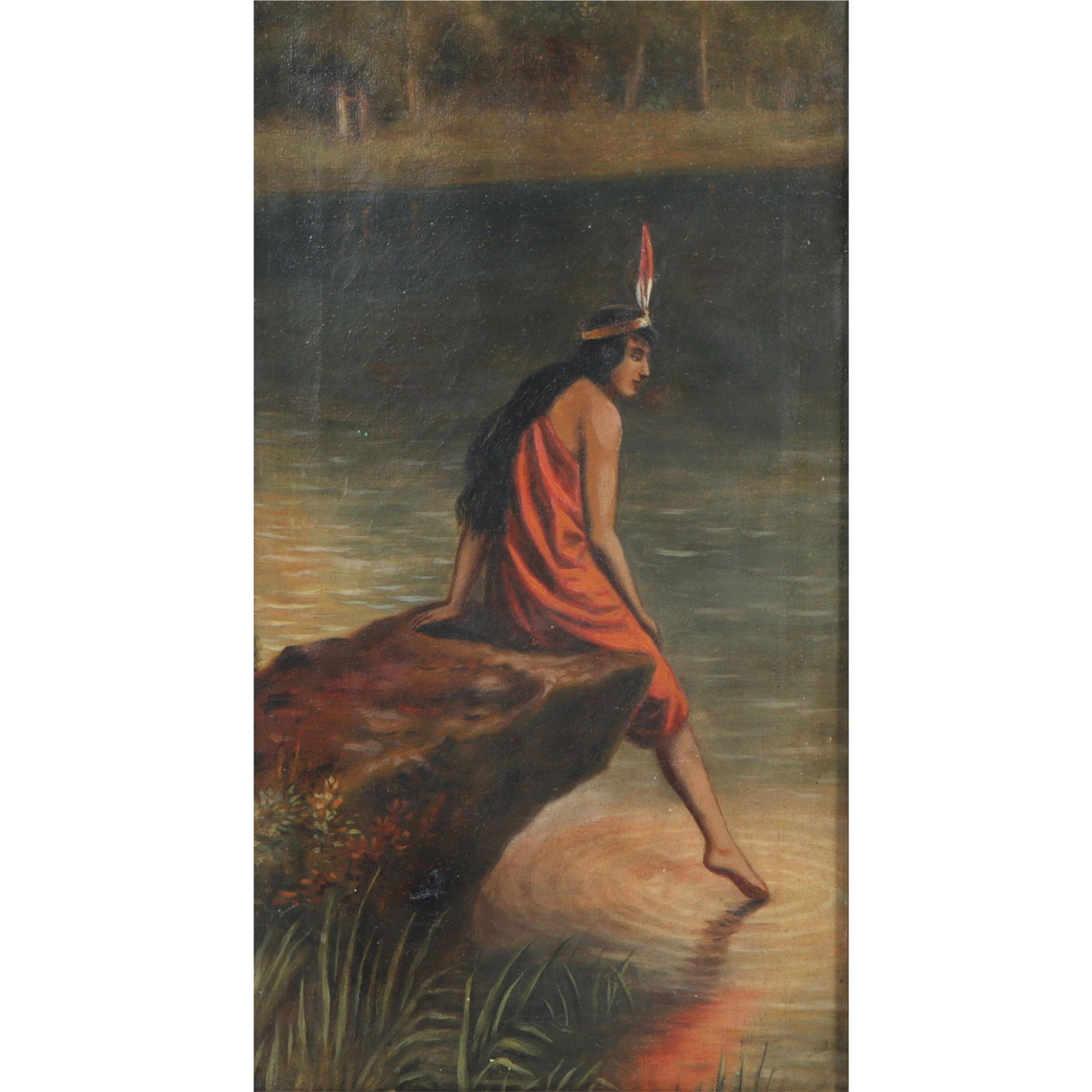 Antique framed oil on canvas depicting a seated Native American Indian maiden at waters edge. 18 (1 of 8)