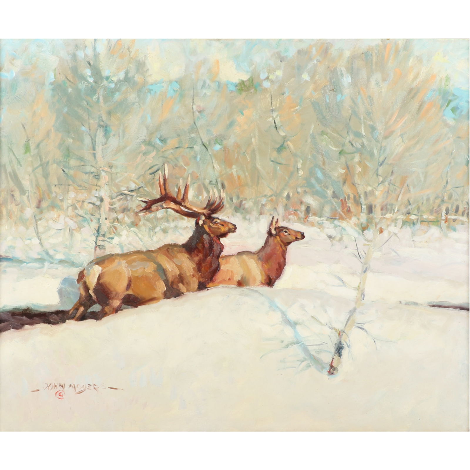 John Moyers (American, b. 1958) Chama Elk, oil on board 20"H x 24"W (board), 29"H x 33"W (frame): John Moyers (American, b. 1958) Chama Elk, oil on board Signed lower left. Moyers, known for his depictions of wildlife and Western themes, captures the serene beauty of the elk in their natural habit