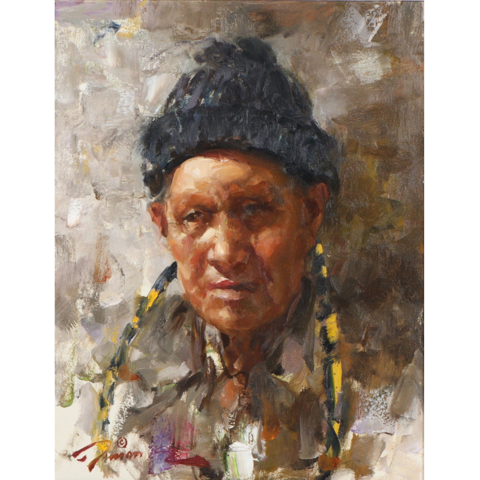 Ramon Kelley, American (b. 1939), Indian Braids, Taos Pueblo, oil on panel, 17 1/2?H x 13 (1 of 11)