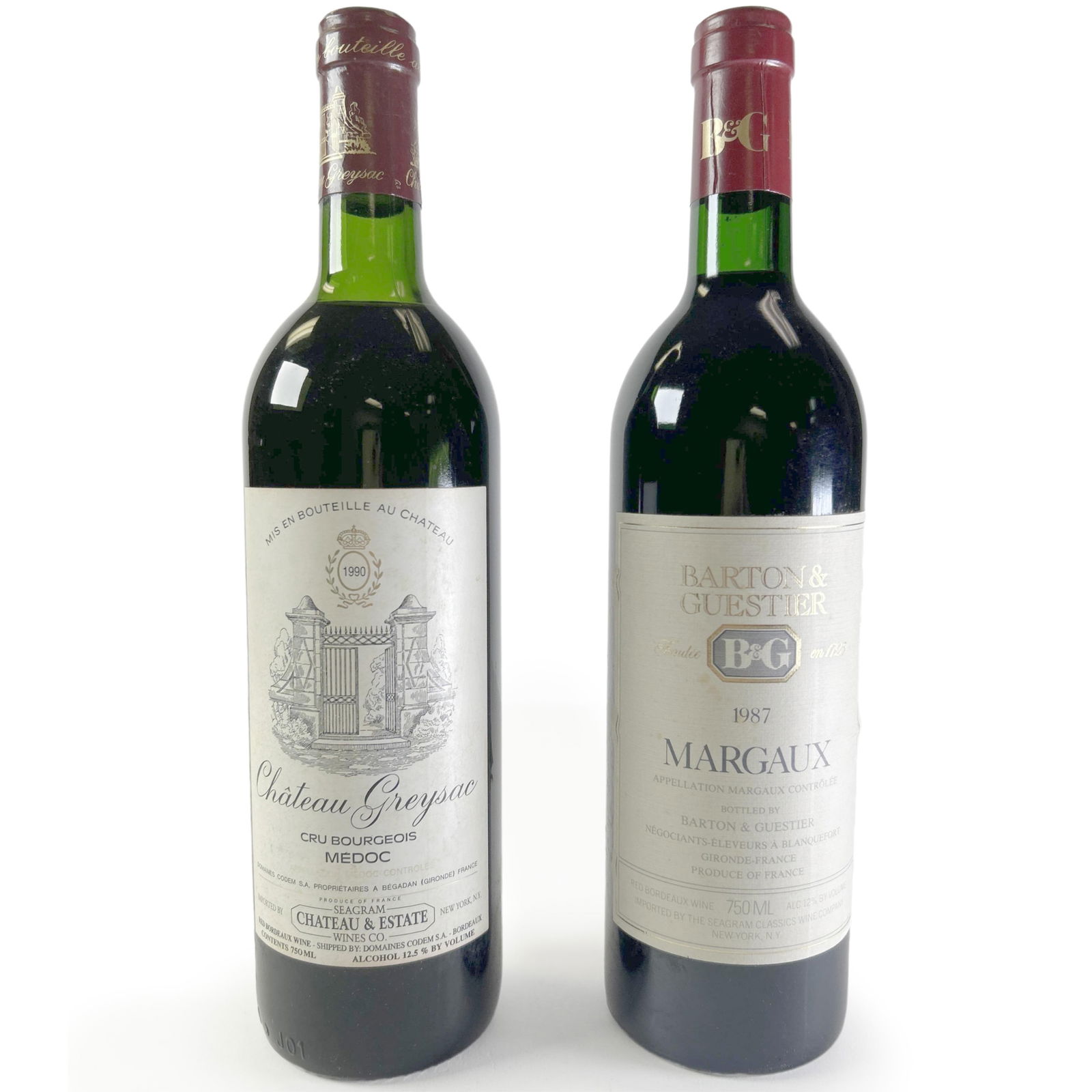 2 bottles - 1 bottle Red Bordeaux Wine 1990 CHATEAU GREYSAC (FRANCE), 1 bottle Margaux Red Bordeaux: 2 bottles - 1 bottle Red Bordeaux Wine 1990 CHATEAU GREYSAC (FRANCE), 1 bottle Margaux Red Bordeaux Wine 1987 BARTON & GUESTIER (FRANCE) 12.5%ALC/VOL 750ml, 12%ALC/VOL 750ml ** ALL ALCOHOL PURCHASES M