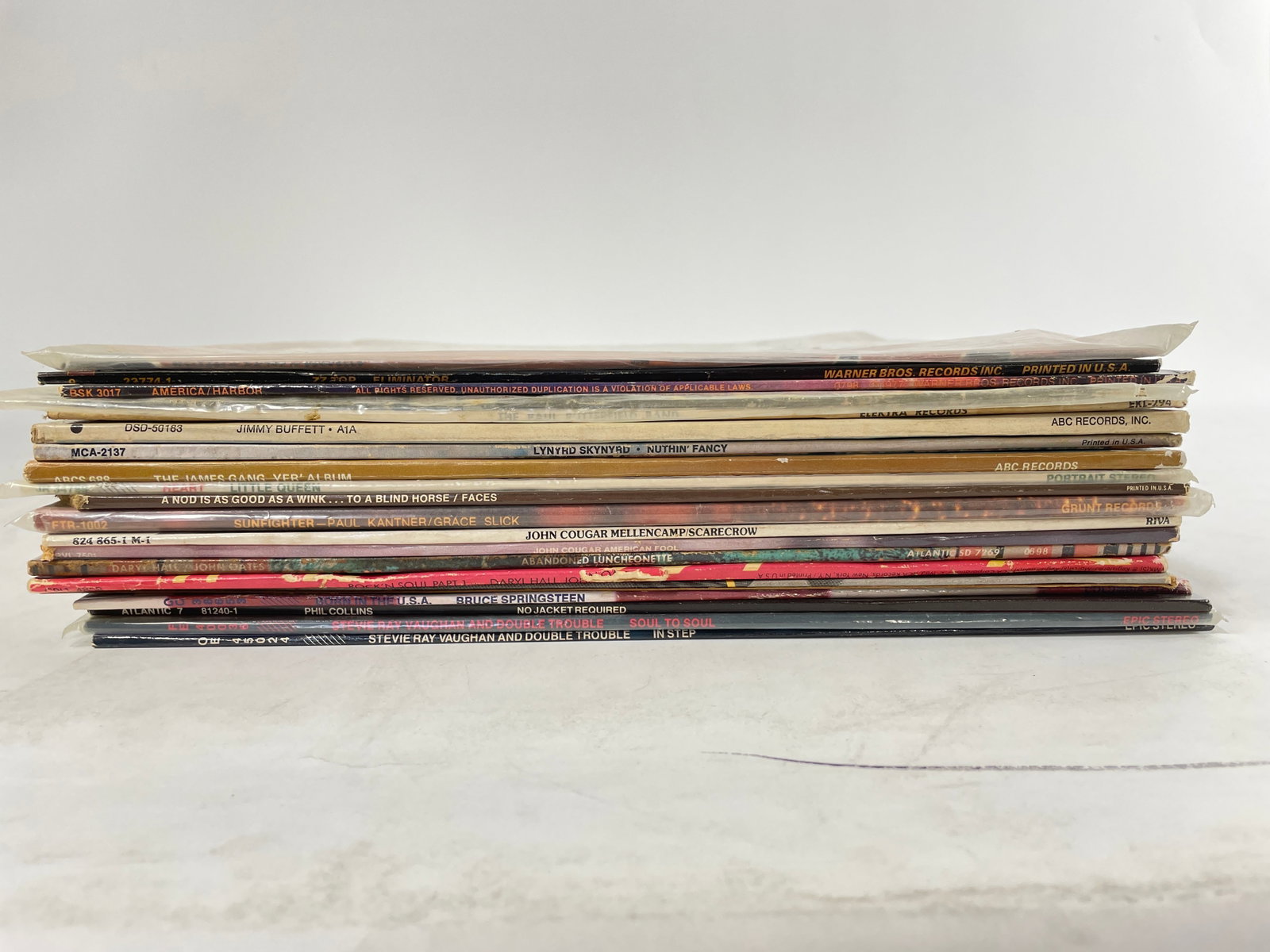 Opportunity lot of 20 vinyl records: Opportunity lot of 20 vinyl records A collection of vinyl records featuring various artists and albums. Records include works by America, Jimmy Buffett, Lynyrd Skynyrd, Faces, Paul Kantner/Grace Slick