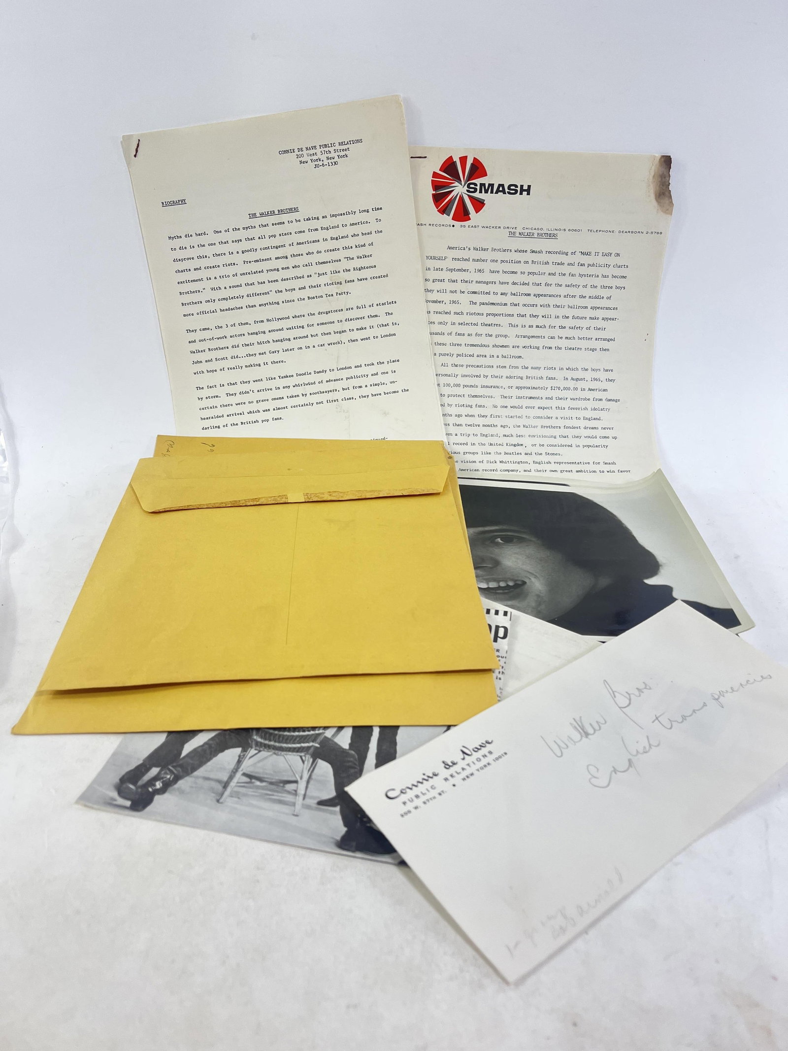 Box / Opportunity lot of Walker Brothers Photos, Biographies, one sealed envelope of transparencies,: Box / Opportunity lot of Walker Brothers Photos, Biographies, one sealed envelope of transparencies, four sealed envelopes of baby photos Provenance: Connie DeNave Estate