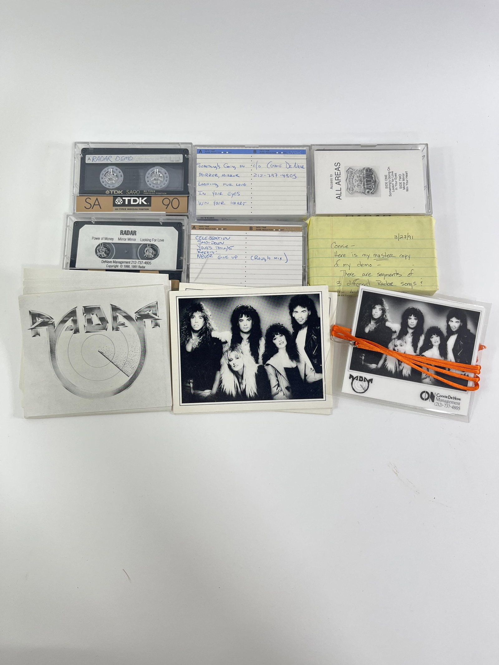 Radar demo cassette tapes, stickers and all access back stage pass, Provenance: Connie DeNave Estate: Radar demo cassette tapes, stickers and all access back stage pass Provenance: Connie DeNave Estate