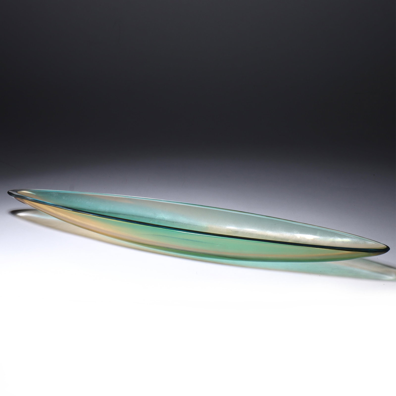 Salviati Luciano Gaspari Op Art Murano art glass canoe, 1966 1 1/2"H x 18 1/4"W: Salviati Luciano Gaspari Op Art Murano art glass canoe, 1966 Signed to bottom. One of 3 made, Venice Web Gallery Provenance: Richard Birt, purchased by the owner. 1 1/2"H x 18 1/4"W
