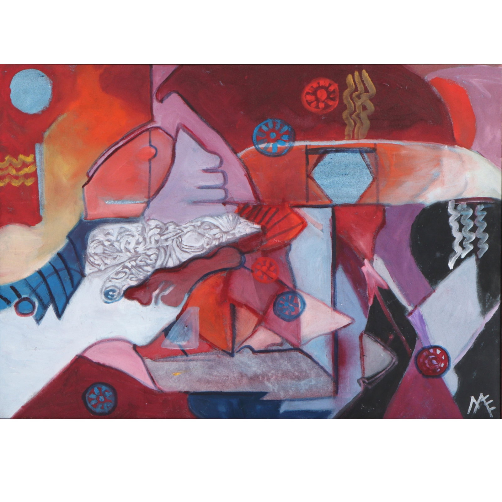 Mae Alice Engron, Indiana (1933-2007), abstract, oil on canvas, 21 5/8?H x 30 3/4?W (sight), 23: Mae Alice Engron Indiana (1933-2007) abstract oil on canvas Signed with initials lower right. Biography from the Archives of askART: Mae Alice Engron was born, raised and died in Indianapolis, Indiana