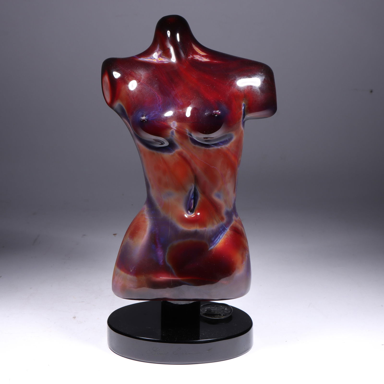 Dino Rosin (b. 1948) 'Aphrodite' Murano calcedonia art glass nude female torso sculpture 13"H x 7"W: Dino Rosin (b. 1948) 'Aphrodite' Murano calcedonia art glass nude female torso sculpture Applied and engraved artist signature, with inscription under base: 'Zipes Family, Venezia, Murano 2009'. 13"H