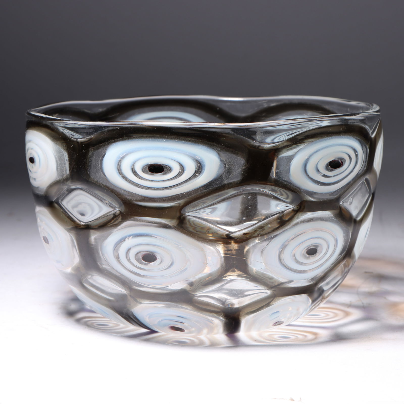 Barovier and Toso 'Caccia' Murano art glass bowl, designed c.1962 by Ercole Barovier. 4"H x 6 3/4": Barovier and Toso 'Caccia' Murano art glass bowl, designed c.1962 by Ercole Barovier. composed of tessera and bullseye murrina 4"H x 6 3/4" Diam.