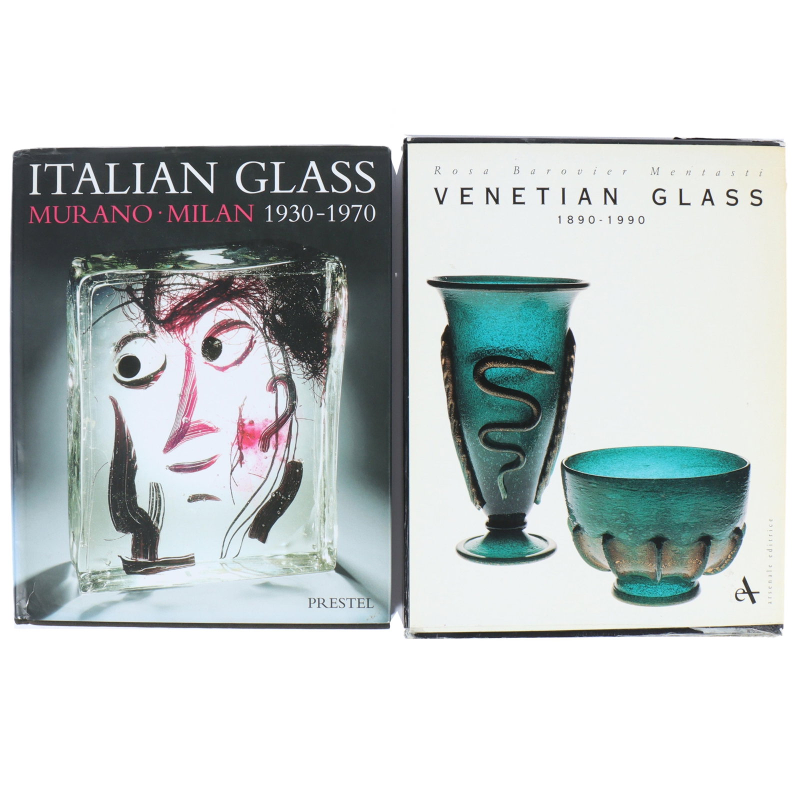 Two vintage books on Italian / Venetian glass: 12 1/2"H x 10"W - one: Two vintage books on Italian / Venetian glass: Italian Glass: Murano, Milan 1930-1970, The Collection of the Steinberg Foundation, Helmut Ricke and Eva Schmitt, Prestel, Munich & NY. Venetian Glass 18