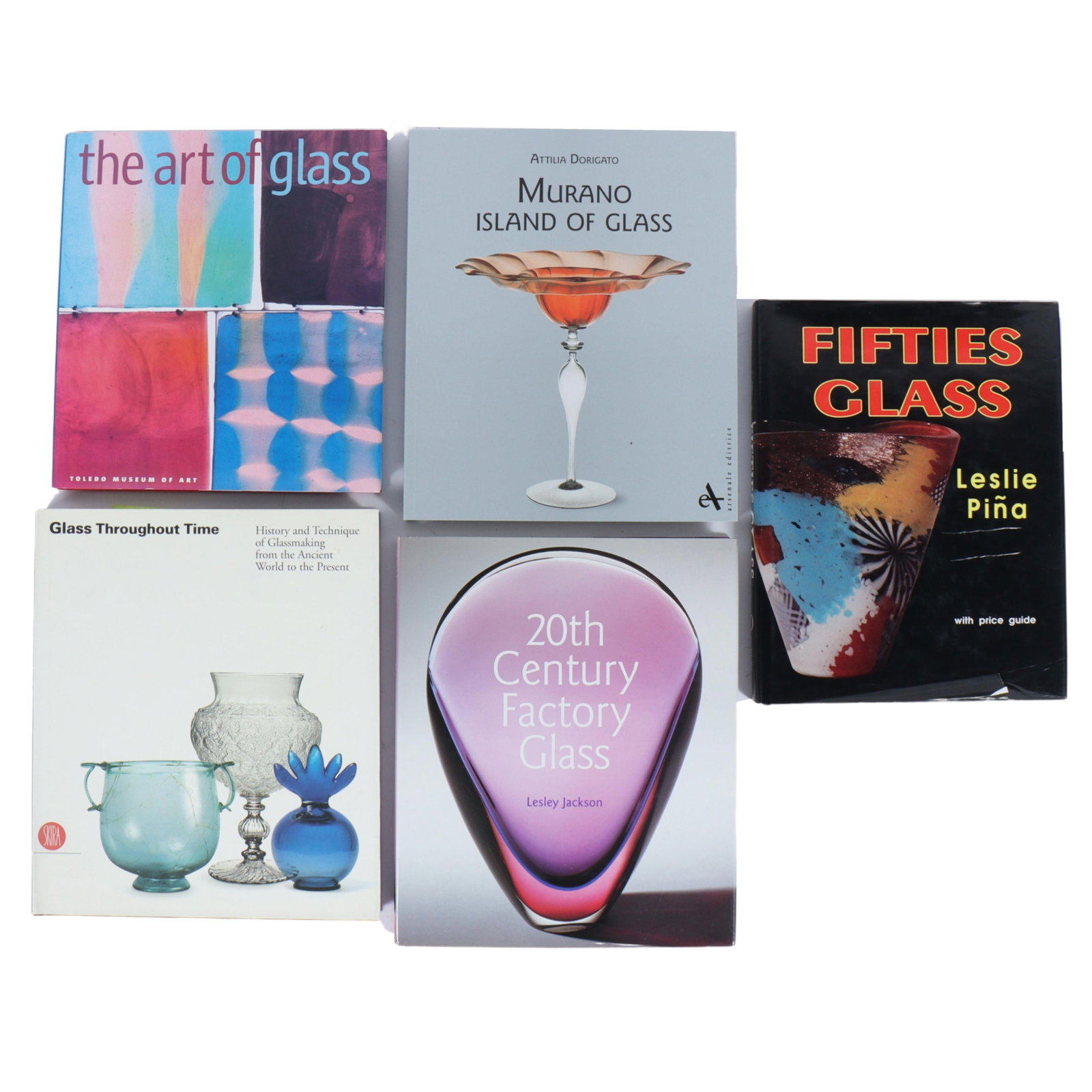 Collection of 5 art glass books: Murano, fifties glass, factory glass, glassmaking 11 1/4"H x 9: Collection of 5 art glass books: Murano, fifties glass, factory glass, glassmaking The Art of Glass, Toledo Museum of Art. Murano Island of Glass, Attilia Dorigato, Arsenale Editrice. Fifties Glass, L