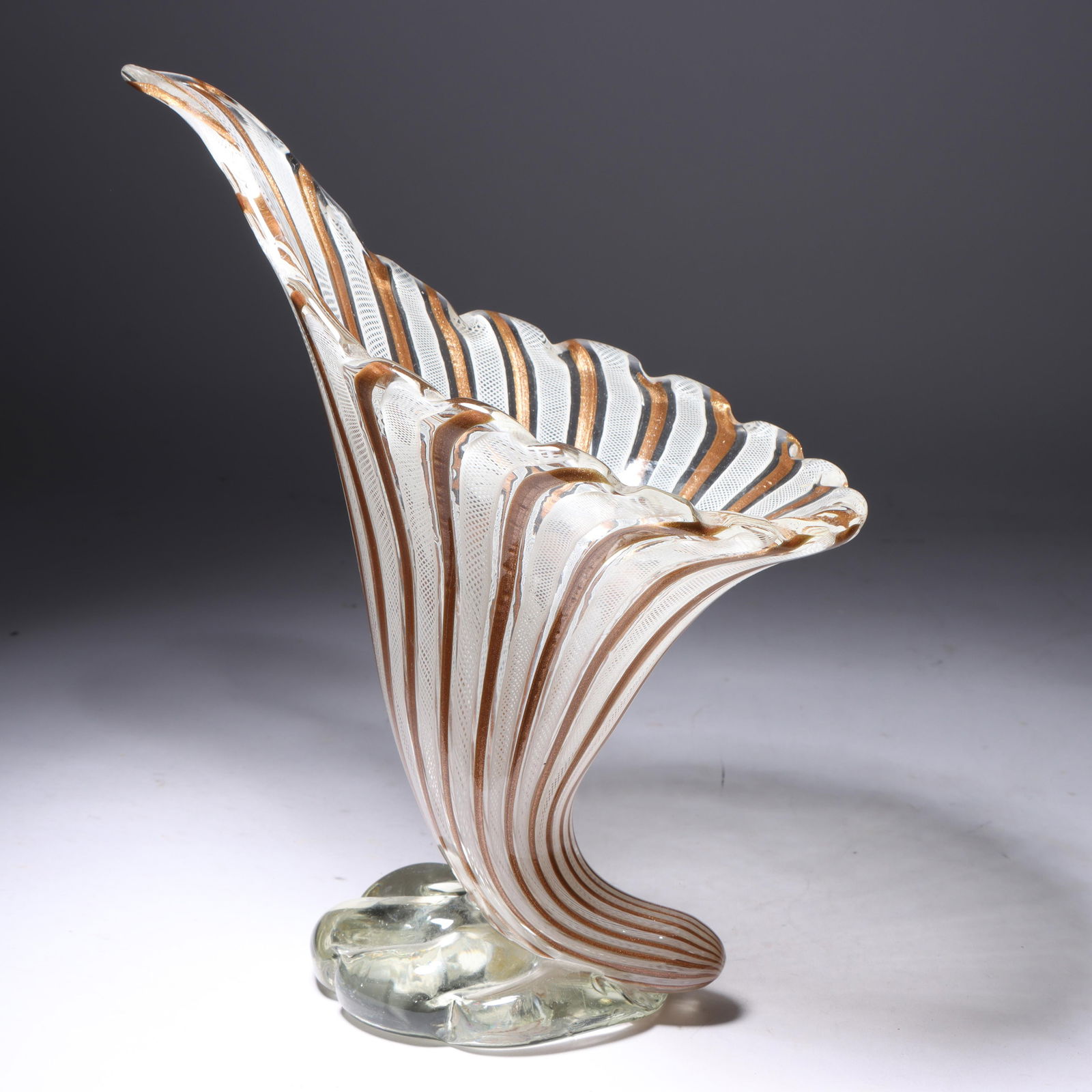 Murano Filigrana art glass cornucopia vase 9 1/4"H x 10"W: Murano Filigrana art glass cornucopia vase with copper aventurine. 9 1/4"H x 10"W