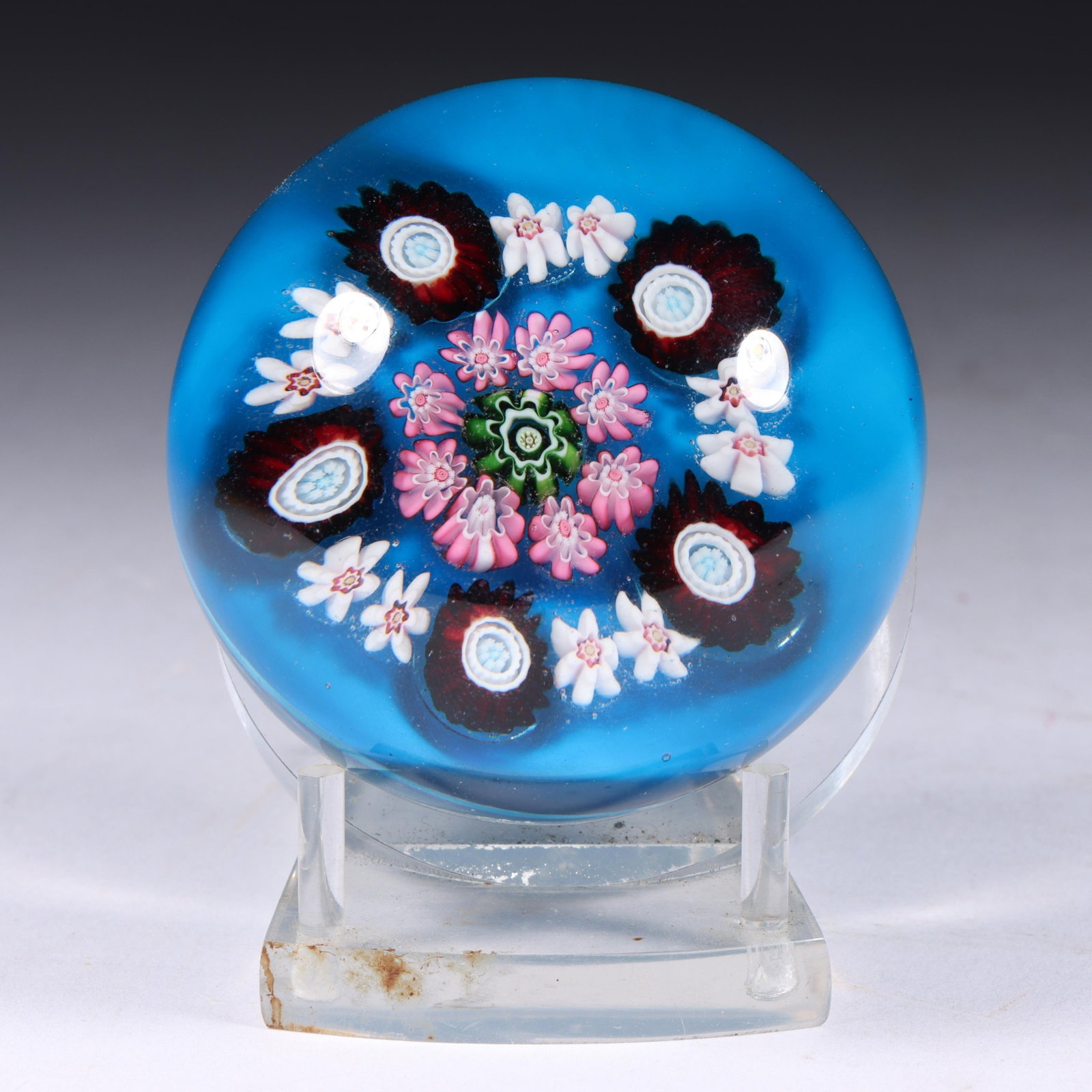 Antique Millefiori art glass paperweight 1 3/4"H x 2"Diam. (without stand): Antique Millefiori art glass paperweight 1 3/4"H x 2"Diam. (without stand)