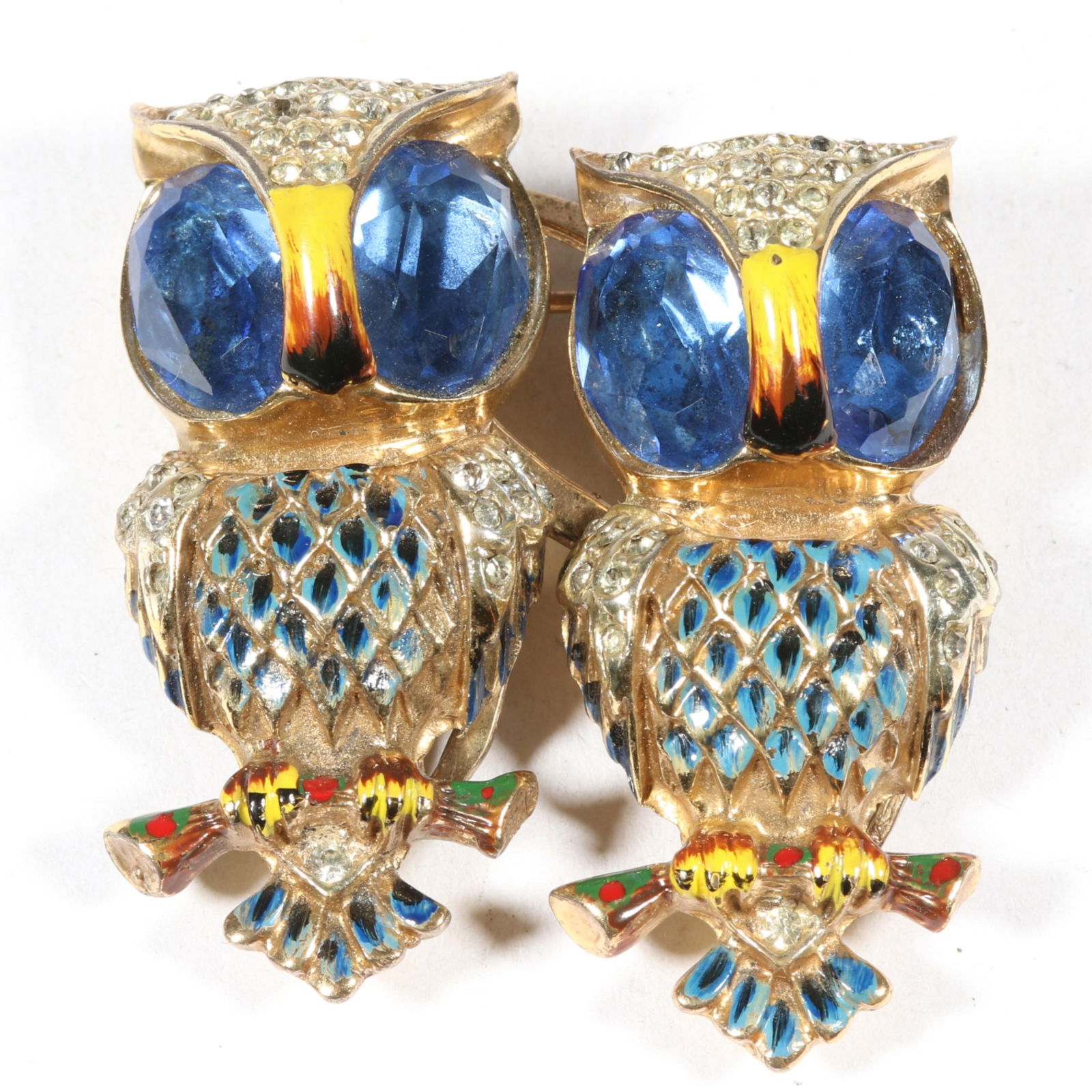 Coro / CoroCraft Adolph Katz Book Piece "Hoots" sterling vermeil jeweled owl Duette brooch pins. 1: Coro / CoroCraft Adolph Katz Book Piece "Hoots" sterling vermeil jeweled owl Duette brooch pins. Book: American Costume Jewelry Vol. 1 by Carla Ginelli Brunialti & Roberto Brunialti pg.132 From the in