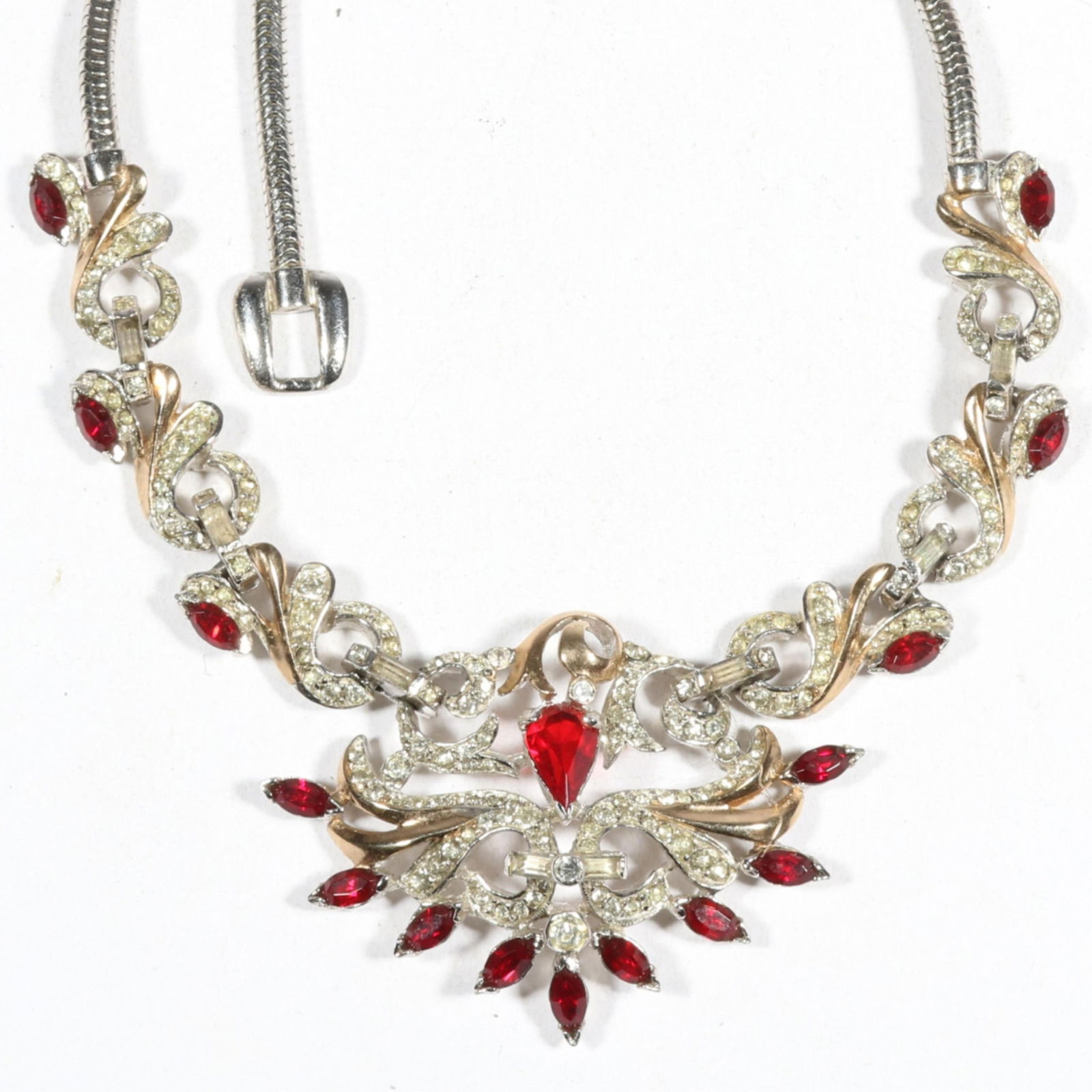 Reja Retro clear and ruby red rhinestone crystal rhodium plated necklace with gold washed accents 16 (1 of 9)