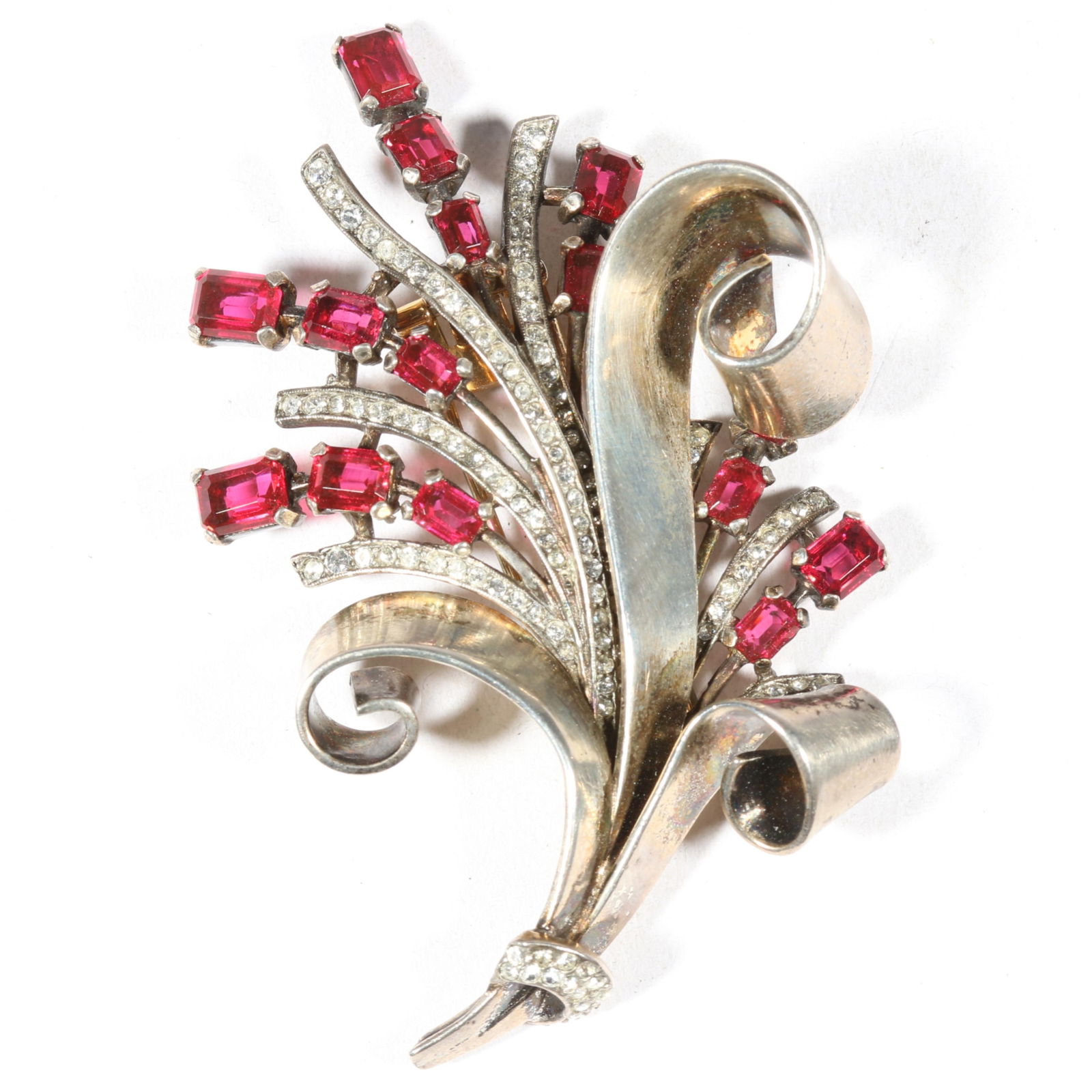 Trifari Alfred Philippe 1940's Retro sterling vermeil cranberry red jewel and pave spray fur clip.: Trifari Alfred Philippe 1940's Retro sterling vermeil cranberry red jewel and pave spray fur clip. From the inventory of the former vintage costume jewelry business, "Aunt Tink", "seller of the collec