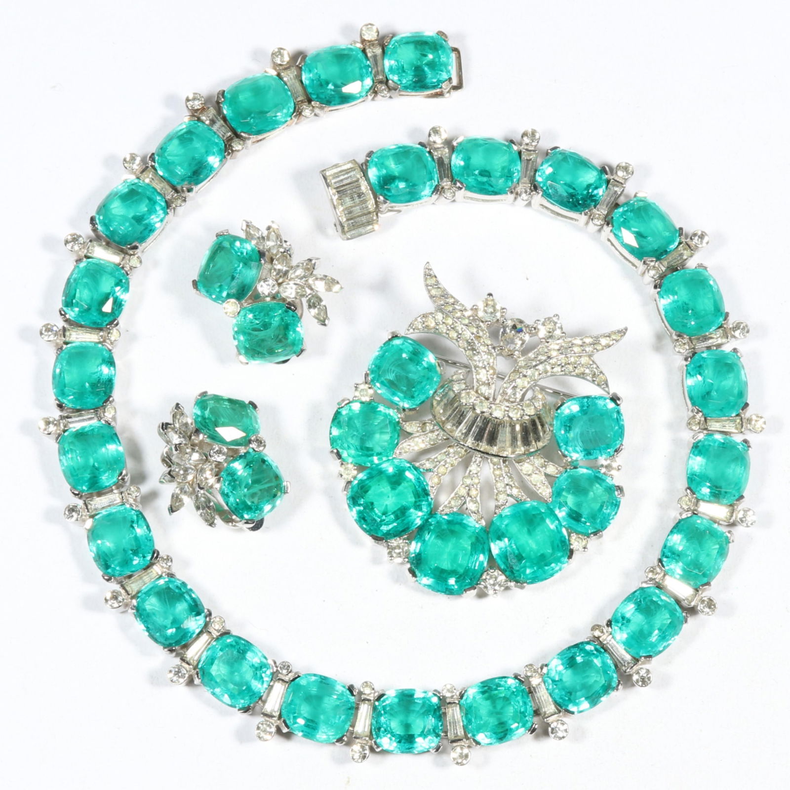 Jomaz Retro dazzling parure with spearmint green Gripoix glass and pave necklace, brooch and (1 of 15)