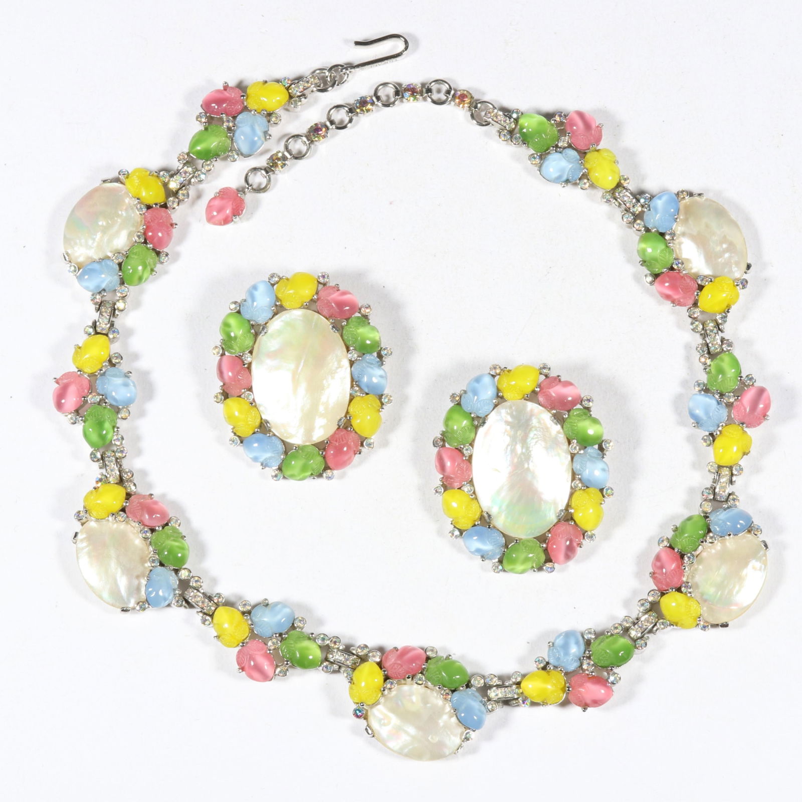 Trifari Alfred Philippe spring colored fruit salad / tutti frutti necklace with aurora borealis: Trifari Alfred Philippe spring colored fruit salad / tutti frutti necklace with aurora borealis rhinestone crystals, MOP accents and matching earrings. From the inventory of the former vintage costume