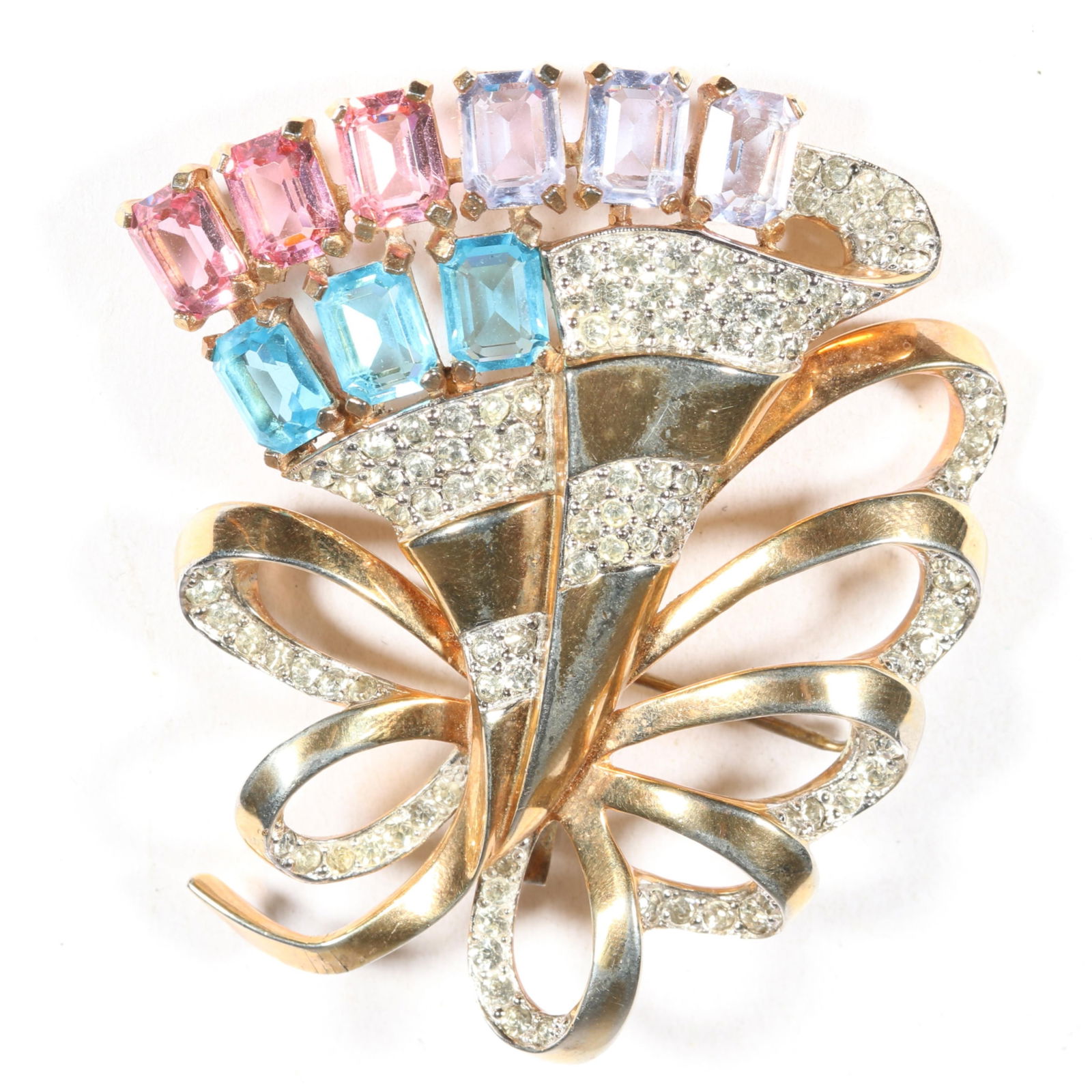 Mazer Retro pave and pastel jeweled bow brooch / pendant, unsigned. 2 1/2"H x 2 1/4"W: Mazer Retro pave and pastel jeweled bow brooch / pendant, unsigned. Pendant link added later? From the inventory of the former vintage costume jewelry business, "Aunt Tink", "seller of the collectible