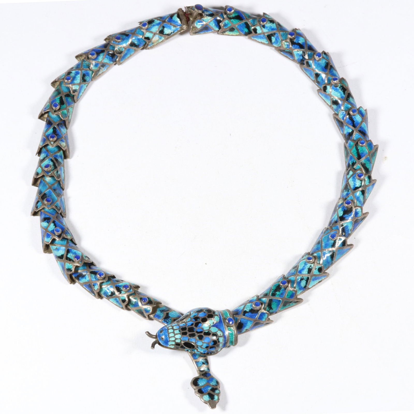 Vintage Taxco Mexican sterling silver and blue enamel articulated snake collar necklace, iconic (1 of 8)