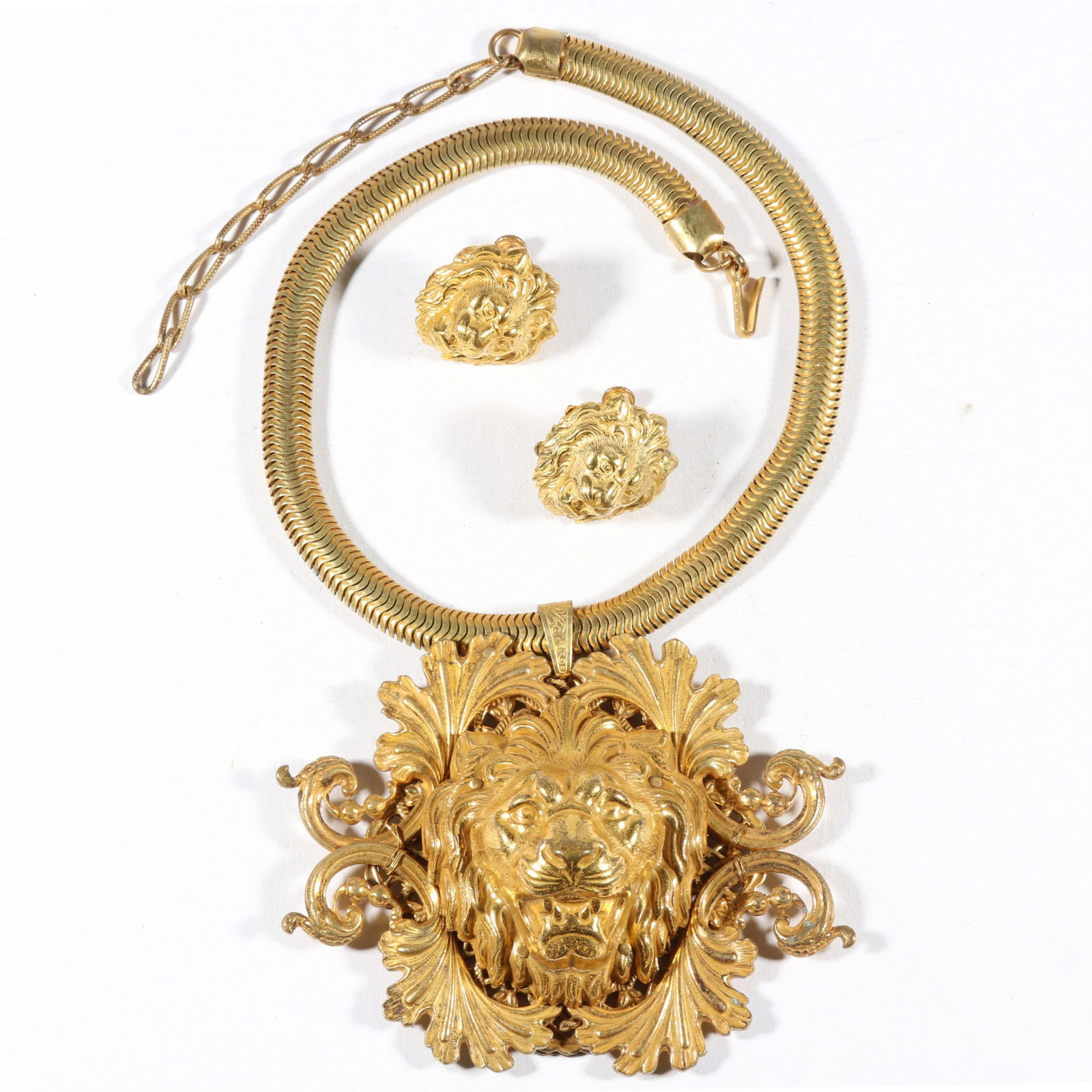Miriam Haskell large gilt lion pendant necklace on snake chain with matching lion earrings. 17 1/2"L (1 of 10)