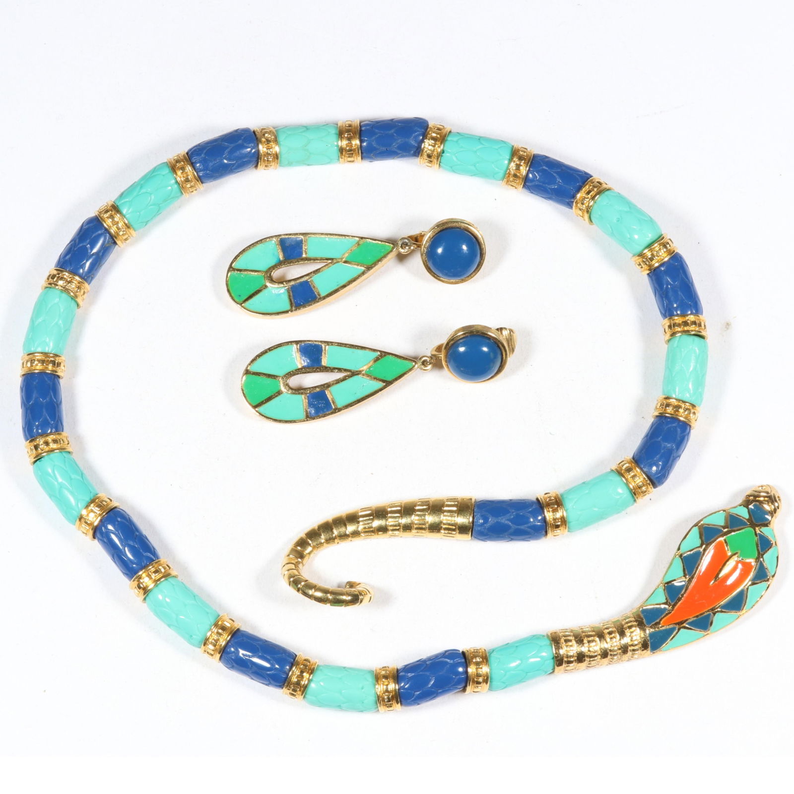 Hattie Carnegie Egyptian Revival enamel cobra snake necklace with carved scale beads and matching (1 of 14)