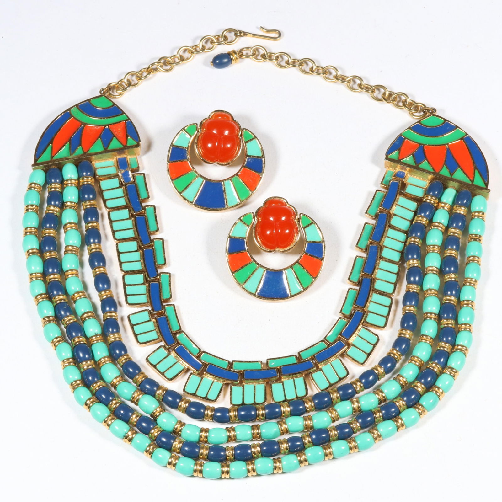 Hattie Carnegie Fabulous Egyptian Revival brightly colored enamel beaded book piece necklace with: Hattie Carnegie Fabulous Egyptian Revival brightly colored enamel beaded book piece necklace with matching carved scarab earrings Book reference: "Hattie Carnegie Jewelry" by Georgiana McCall, pg 66 1