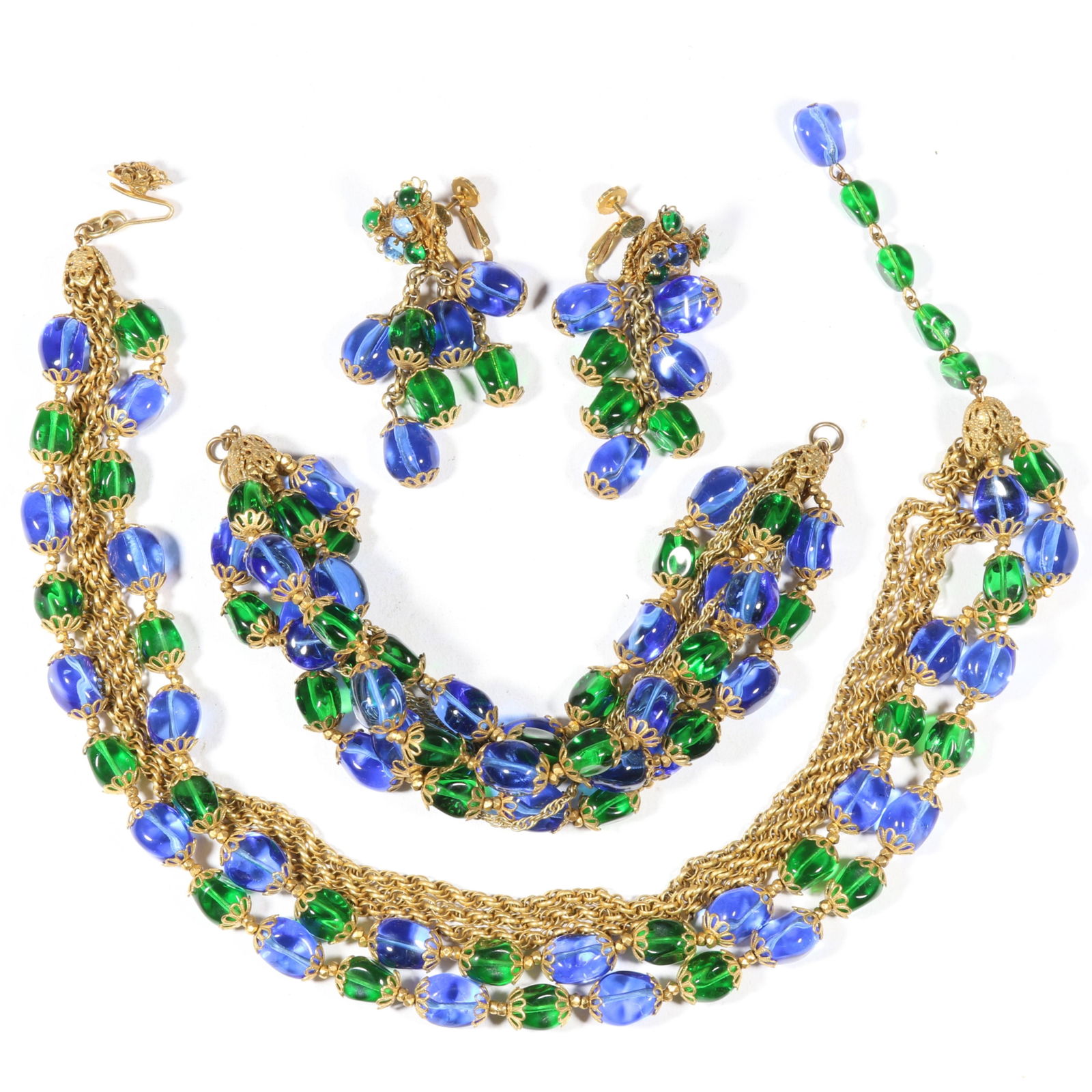 Miriam Haskell green and blue beaded multistrand parure including necklace, bracelet, and earrings. (1 of 20)