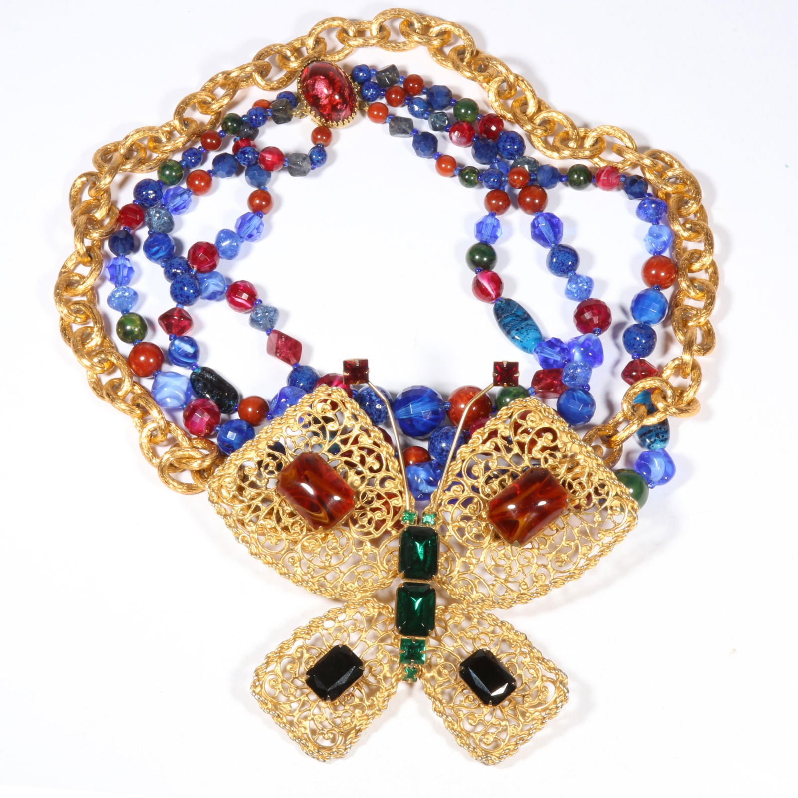 Hattie Carnegie 2pc group: HUGE gilt filigree butterfly necklace with glass and plastics beaded: Hattie Carnegie 2pc group: HUGE gilt filigree butterfly necklace with glass and plastics beaded necklace. 24"L x 5 1/2"W (butterfly necklace)