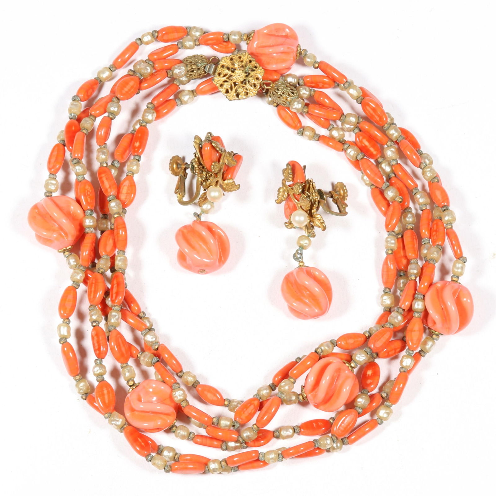 Miriam Haskell coral art glass and faux pearl jewelry group including necklace and matching: Miriam Haskell coral art glass and faux pearl jewelry group including necklace and matching earrings. 27 1/2"L x 1"W (necklace)