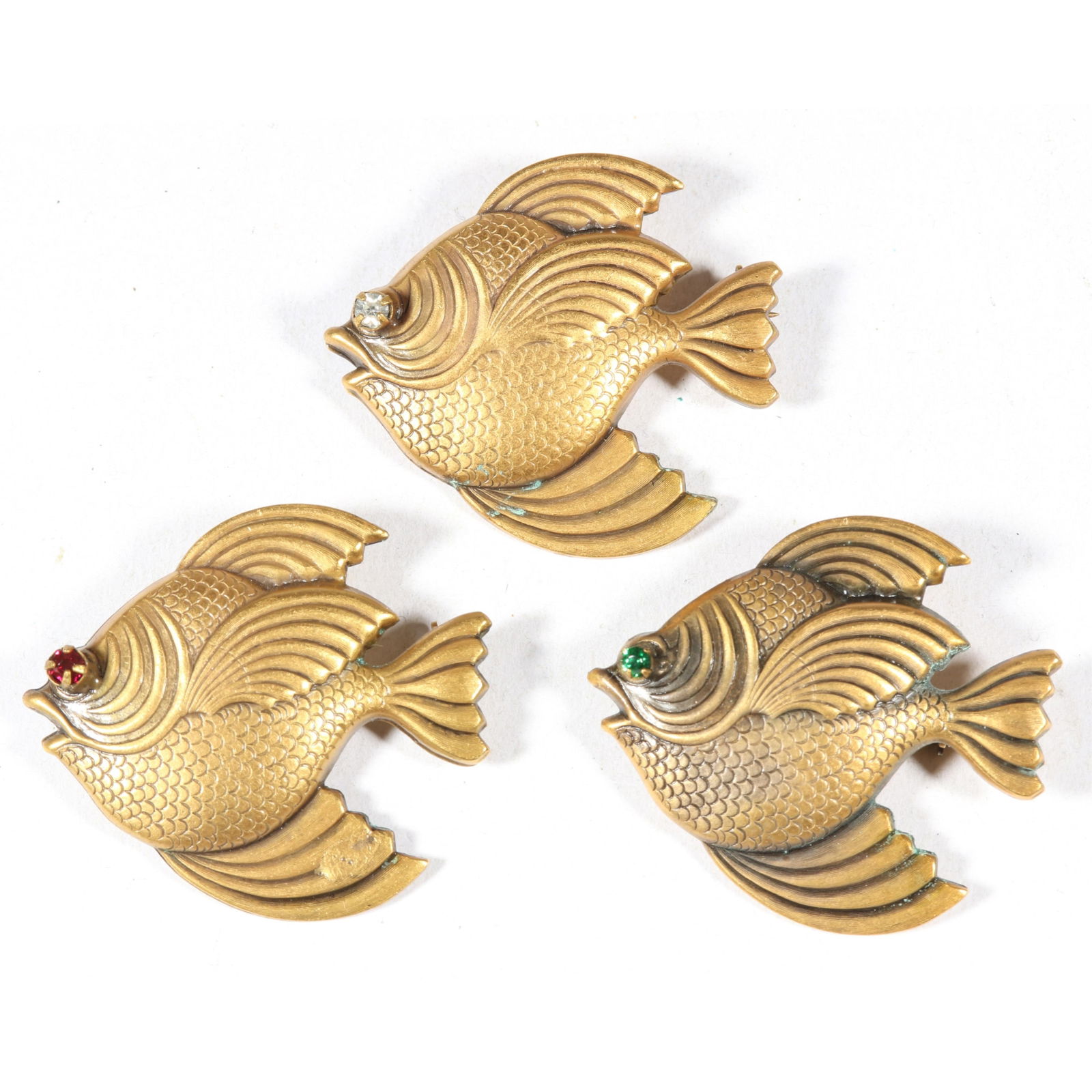 Joseff of Hollywood Book Piece "Fish" gold plated 3pc brooch group with multi colored rhinestone (1 of 8)