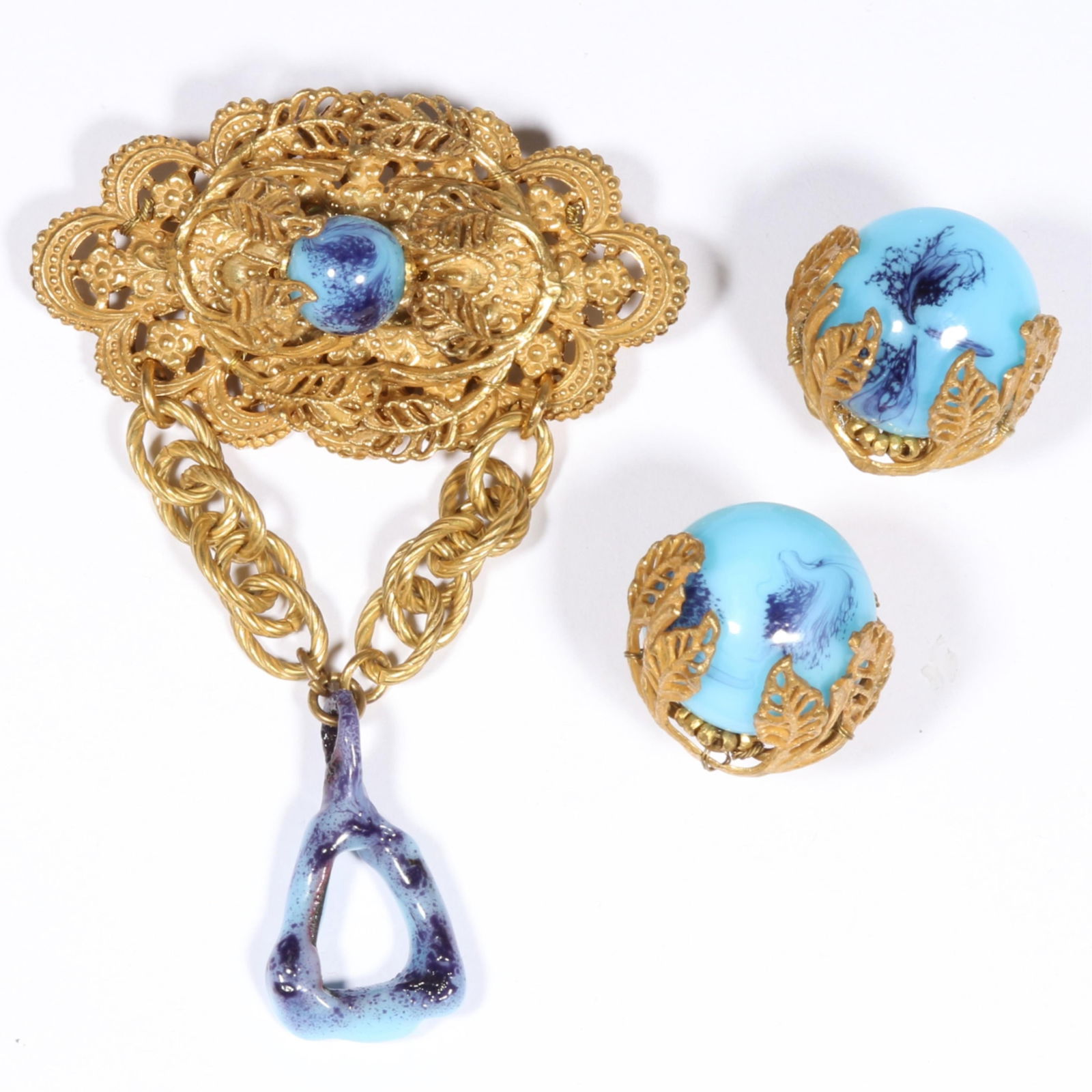 Miriam Haskell unusual blue speckle art glass demi parure including brooch and earrings. 3 1/4"Drop (1 of 13)