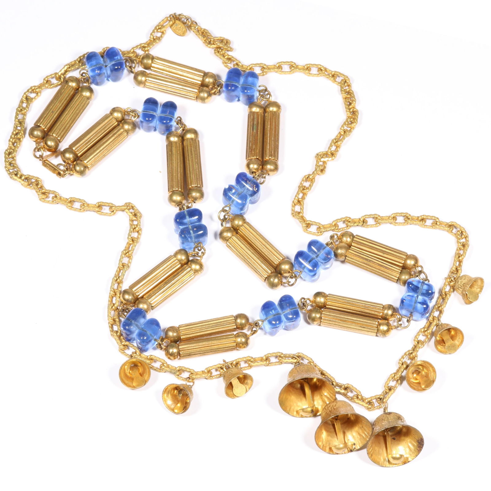 Miriam Haskell necklace group including blue glass and gilt bead necklace with floral bell necklace. (1 of 12)