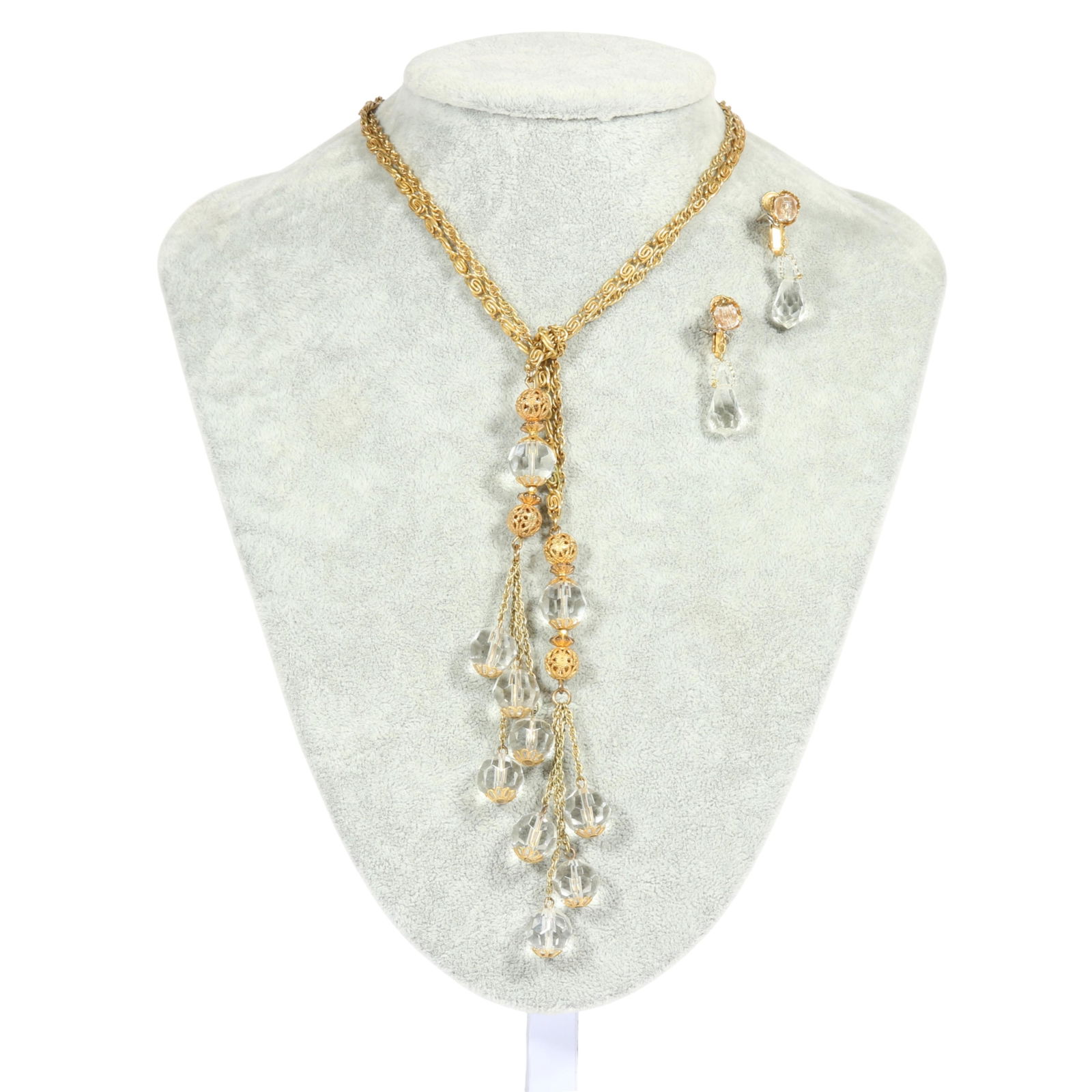 Miriam Haskell clear cut crystal drop lariat necklace with matching drop earrings. 17"L x 4 1/8"Drop: Miriam Haskell clear cut crystal drop lariat necklace with matching drop earrings. 17"L x 4 1/8"Drop