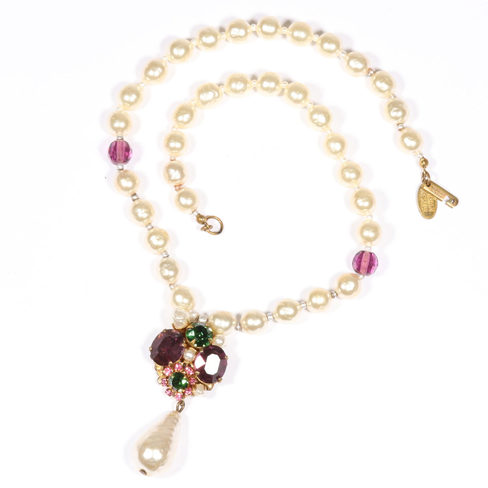 Miriam Haskell rhinestone crystal and faux pearl drop necklace. 16"L x 2 1/4"Drop (1 of 7)