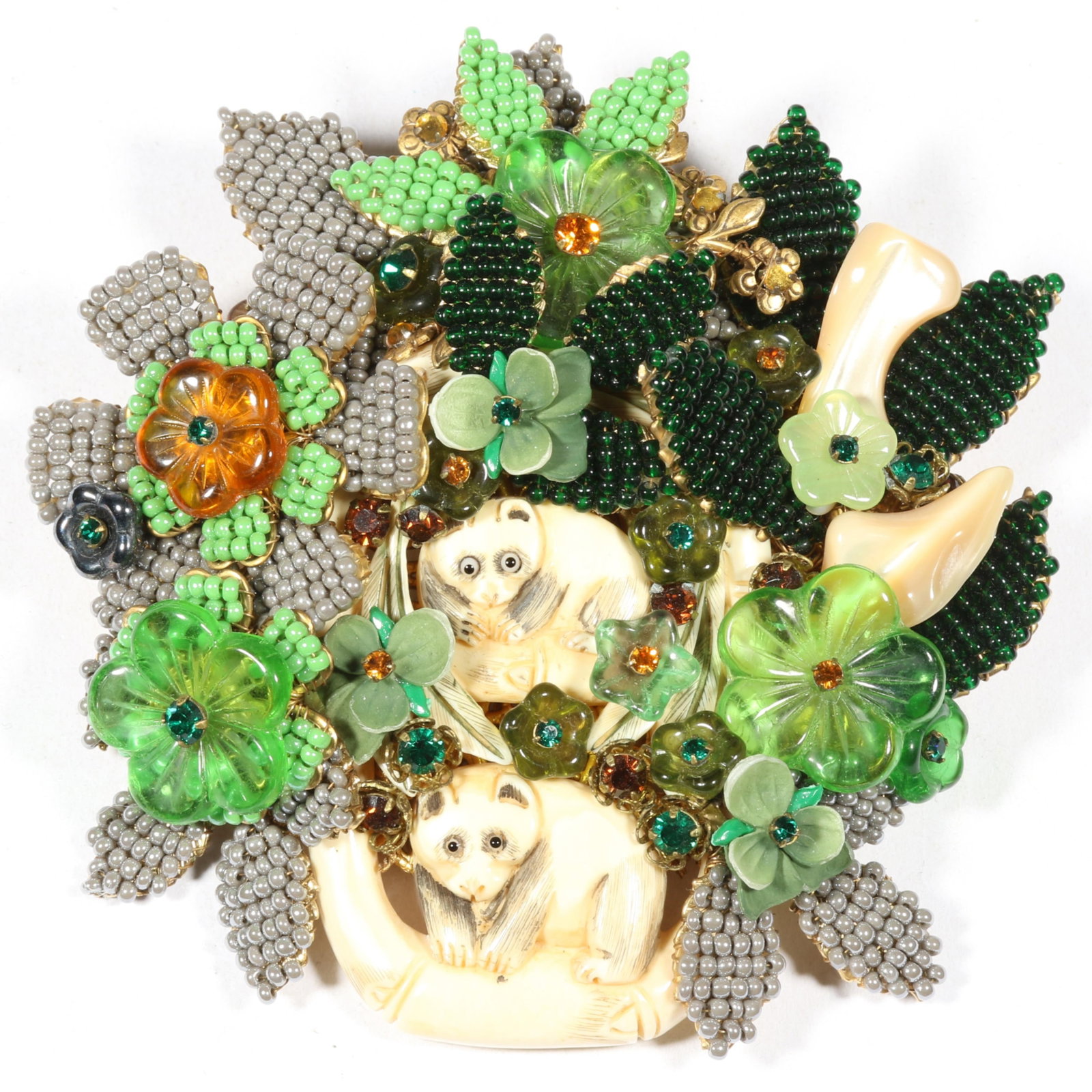Ian St. Gielar large intricate brooch with bone carved pandas in beaded floral forest. 3 5/8"H x 3: Ian St. Gielar large intricate brooch with bone carved pandas in beaded floral forest. From the inventory of the former vintage costume jewelry business, "Aunt Tink", "seller of the collectible, the f