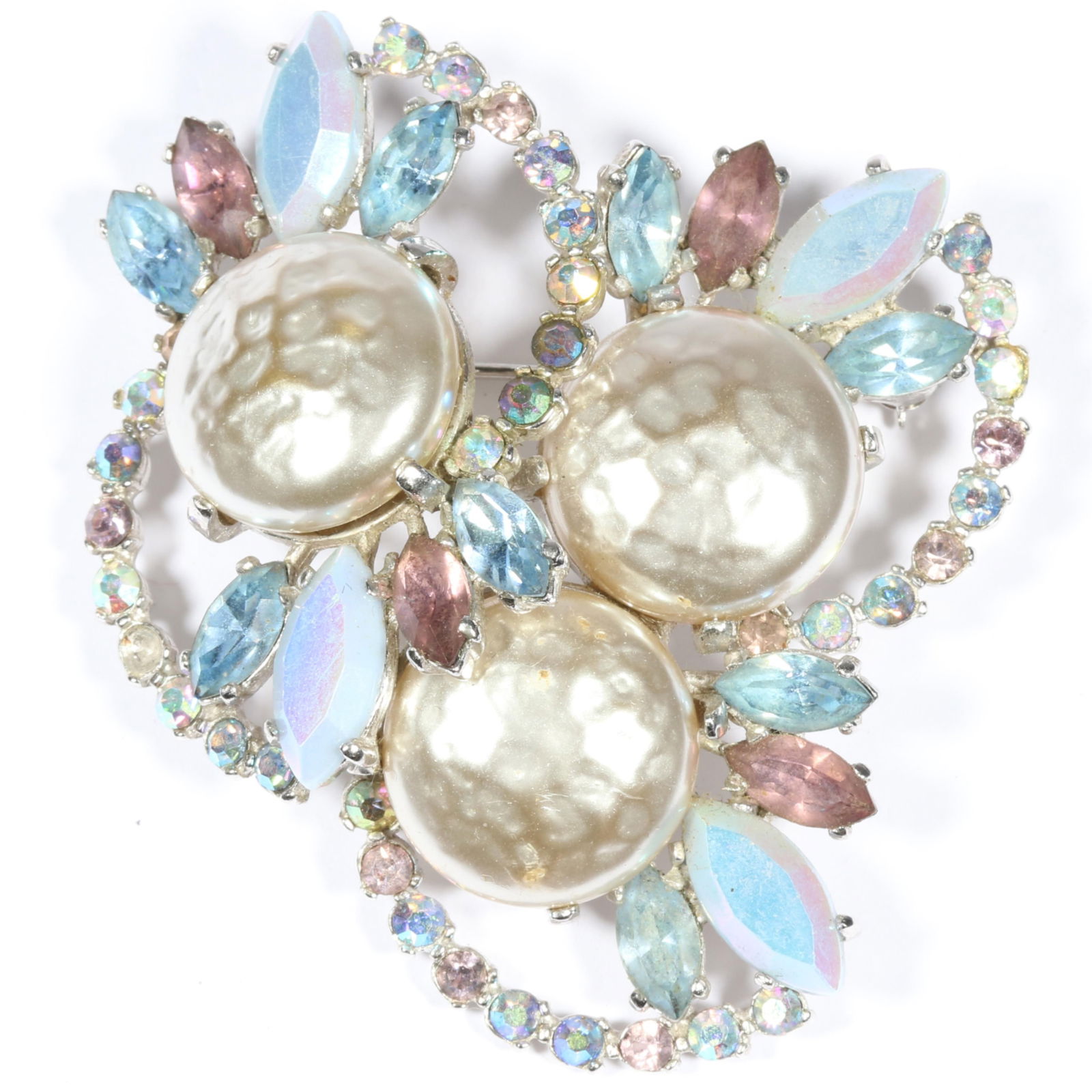 Schiaparelli rhinestone crystal and faux pearl brooch in pastel spring time shades of pale blue and (1 of 7)