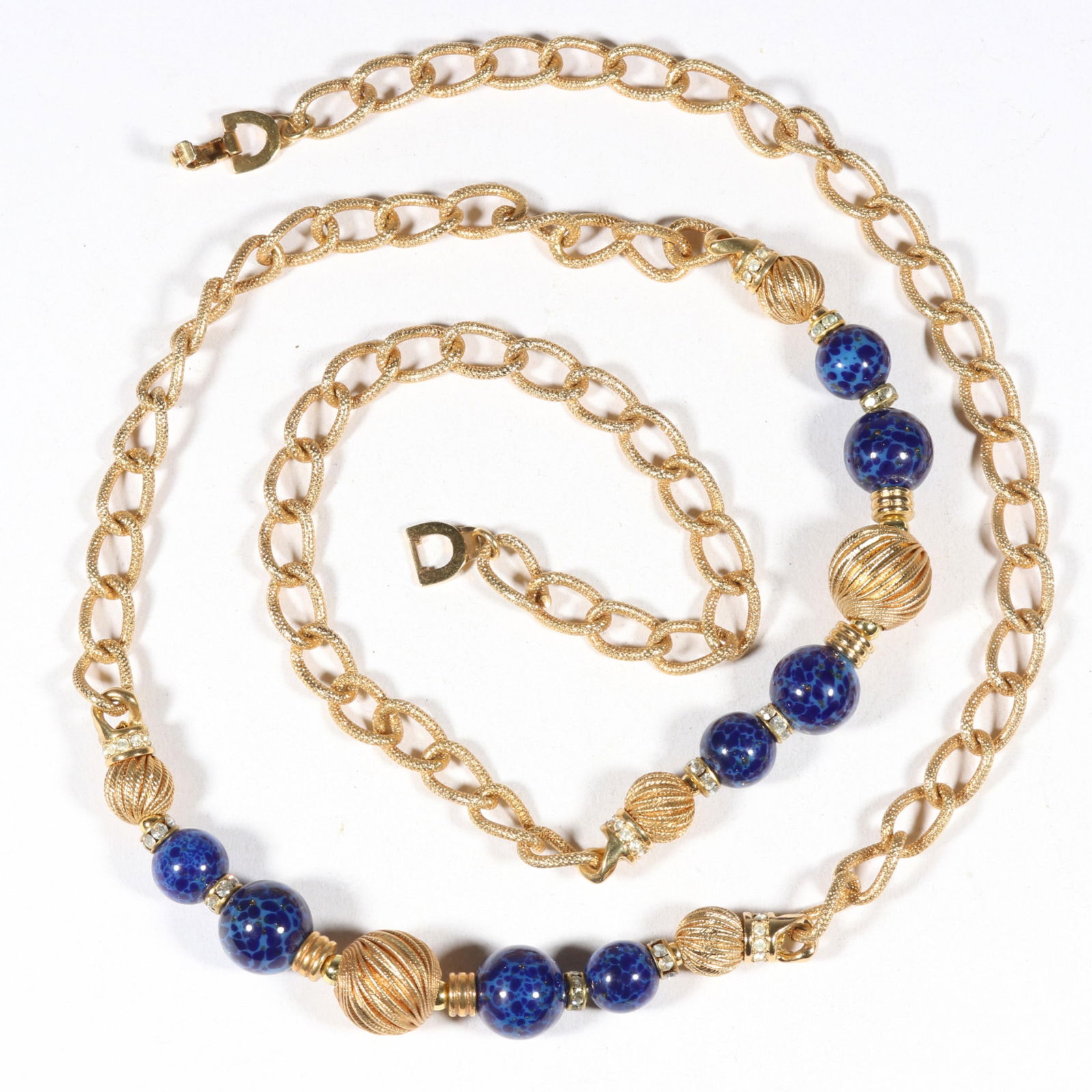 Christian Dior designer lapis art glass beaded textured chain necklace. 30 1/2"L x 1/2"W: Christian Dior designer lapis art glass beaded textured chain necklace. From the inventory of the former vintage costume jewelry business, "Aunt Tink", "seller of the collectible, the fun and the uniq