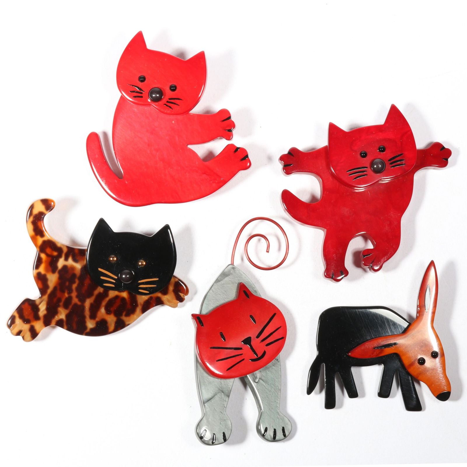 Christine Pavone 5pc group of Galalith figural cat / animal brooches 3 3/8"H x 1 1/2"W (silver and (1 of 12)