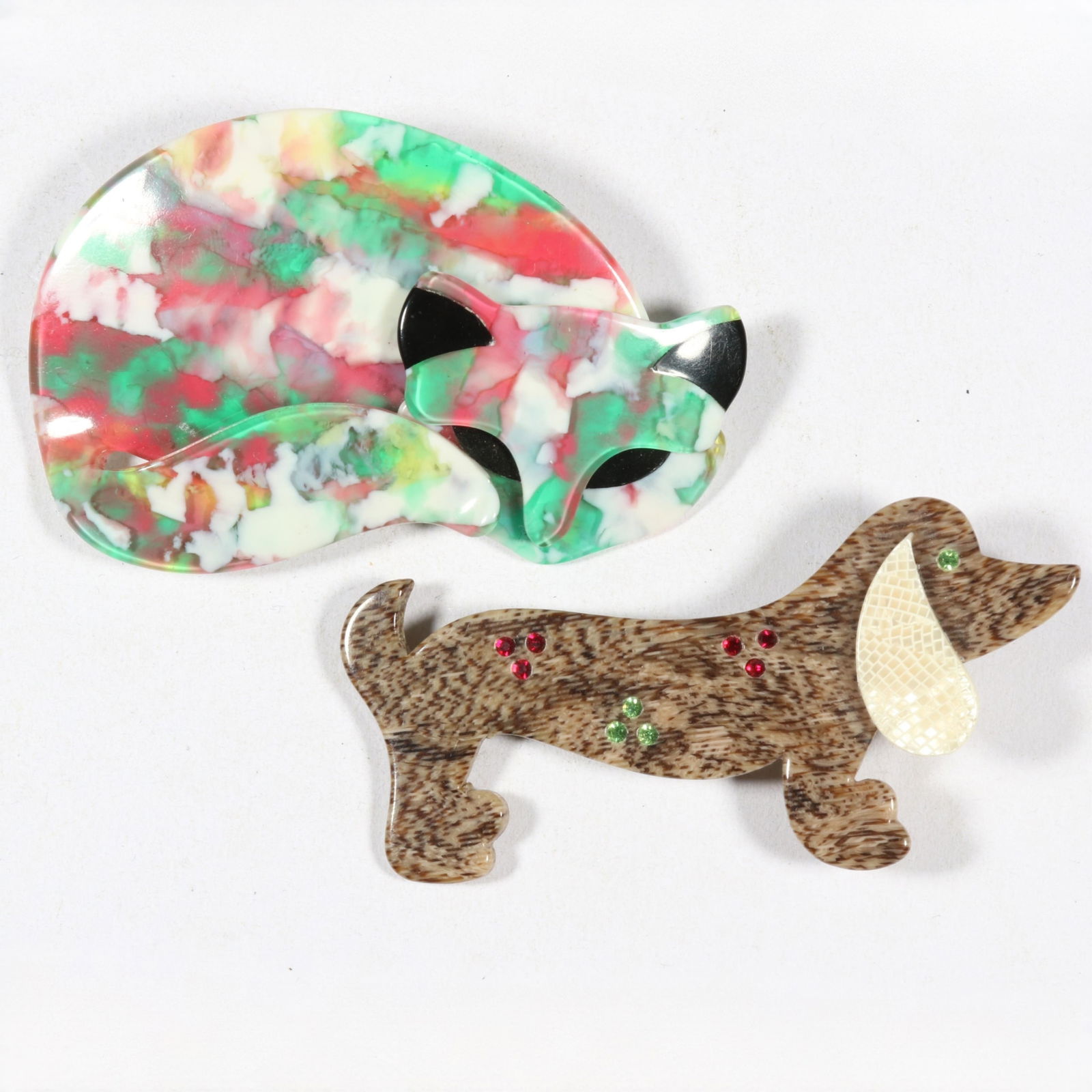 Lea Stein cellulose acetate cat brooch and rhinestone dog brooch "Gomina" and "Dachshund". 1 3/4"H x (1 of 13)