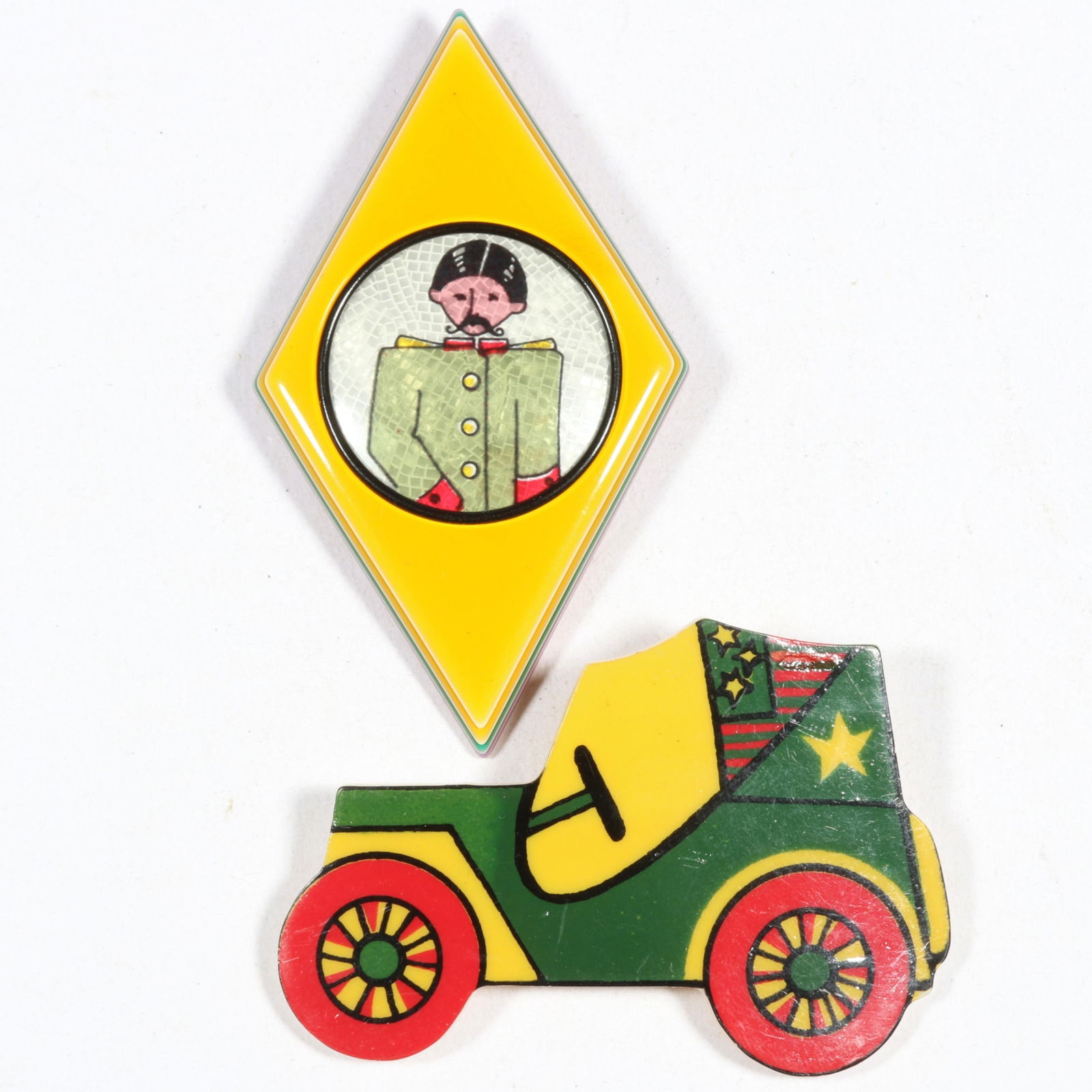 Early Lea Stein car buggy brooch, Serigraphy man in uniform brooch. 3"H x 1 3/4"W (man in uniform): Early Lea Stein car buggy brooch, Serigraphy man in uniform brooch. From the inventory of the former vintage costume jewelry business, "Aunt Tink", "seller of the collectible, the fun and the unique",