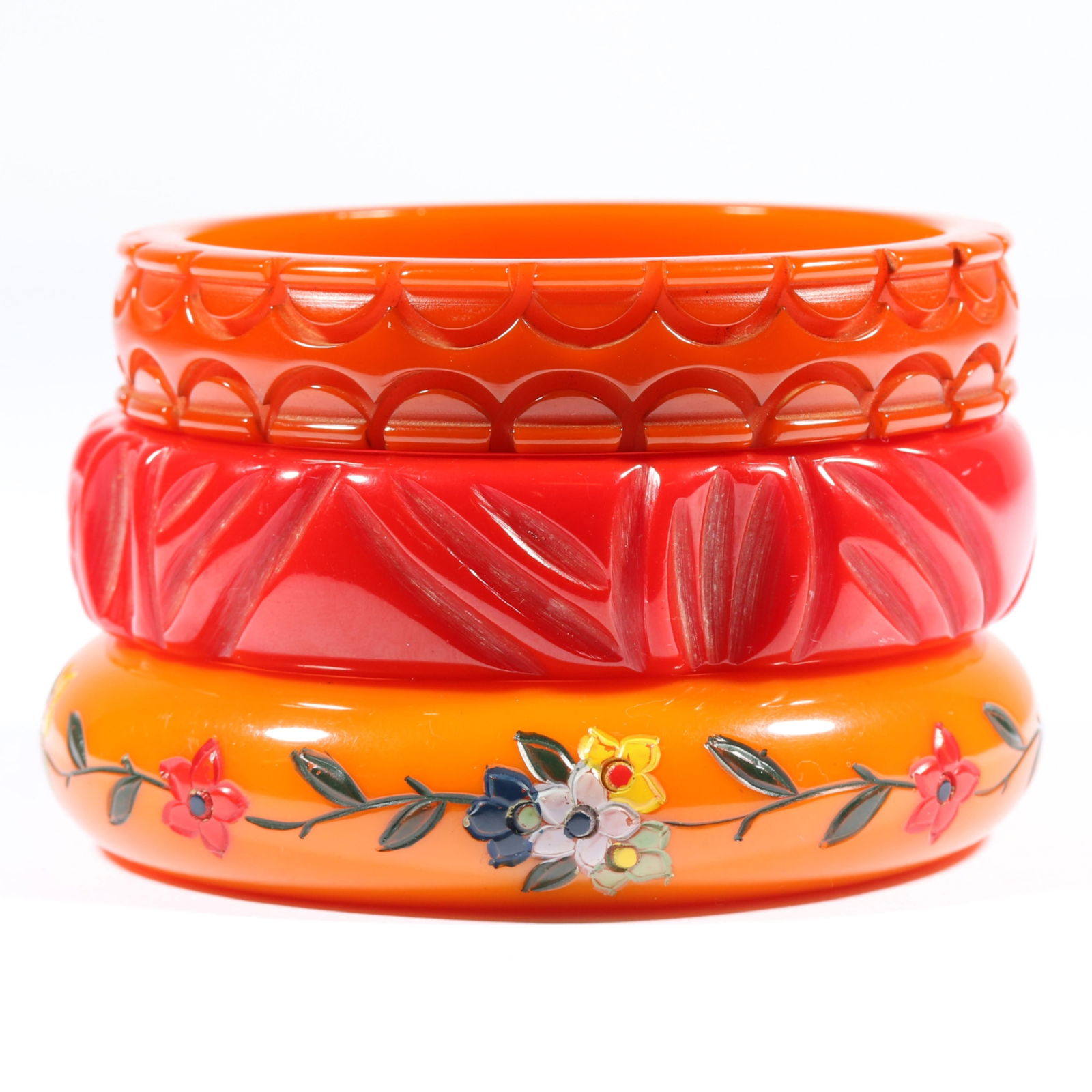 3pc Vintage carved Bakelite bangle bracelets with orange carved and painted floral bangle. 3/4"H x 2 (1 of 11)