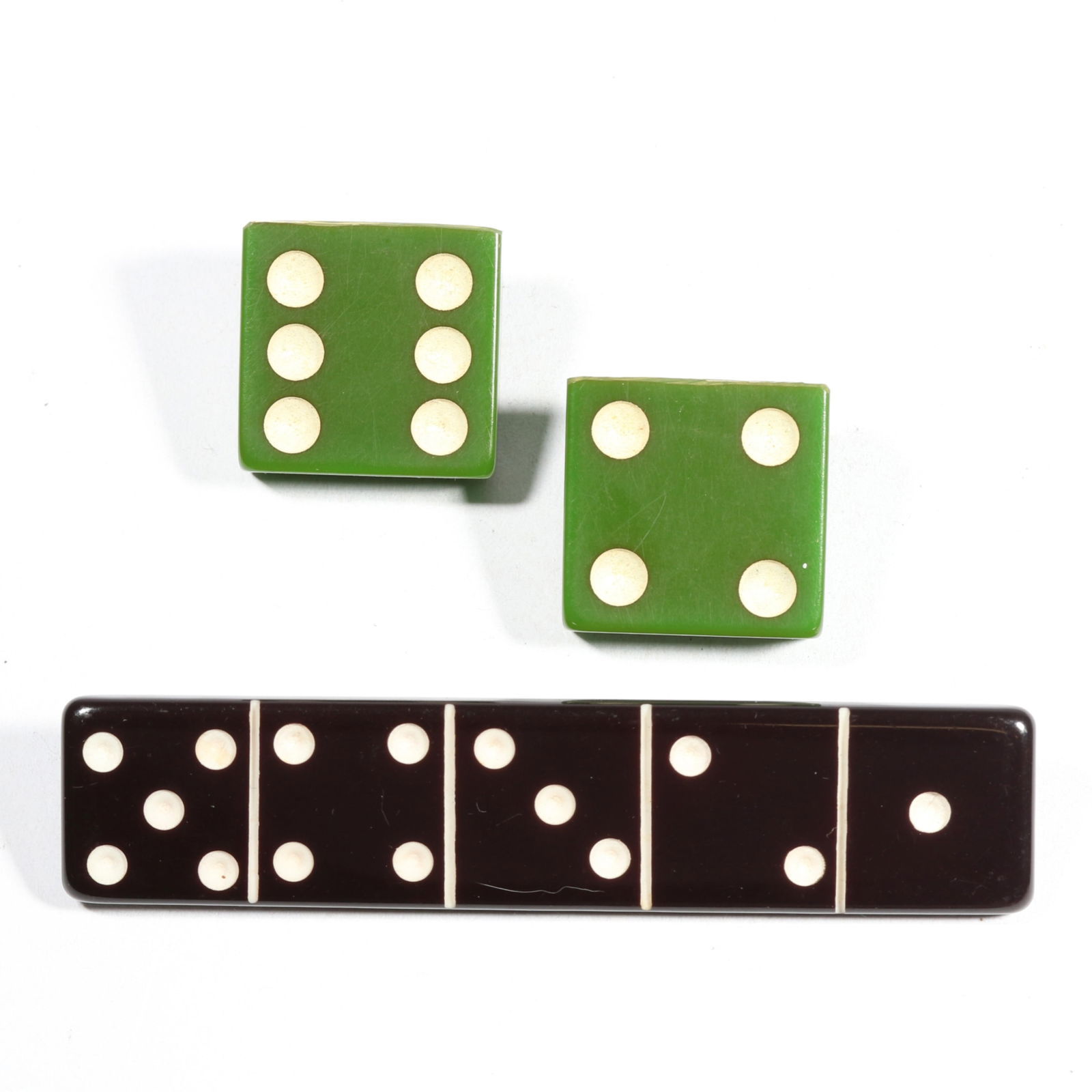 Bakelite dice / dominos jewelry set: bar brooch and earrings. 3 5/8"L x 3/4"W (brooch) (1 of 9)