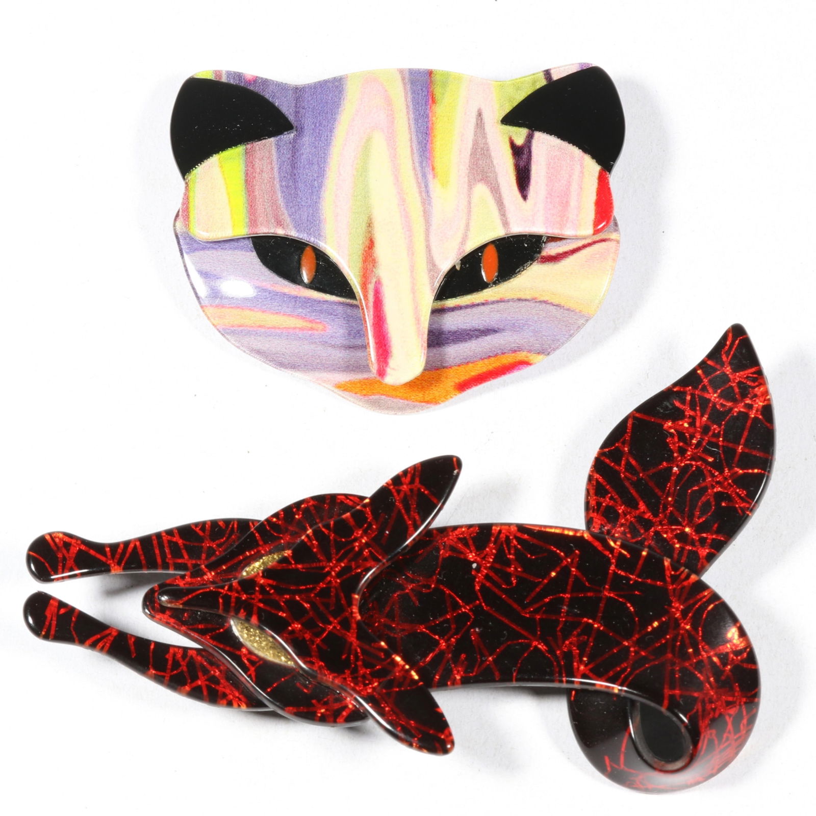 Lea Stein cellulose acetate fox and "Attila" cat brooch 3 1/2"H x 2 1/4"W (fox) (1 of 7)