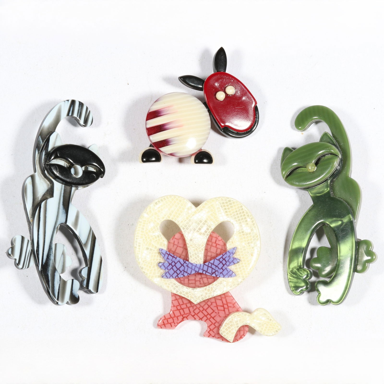 Lea Stein 4pc animal brooch group including pair of cats, lion, and dog brooch "Felix the Cat", (1 of 10)