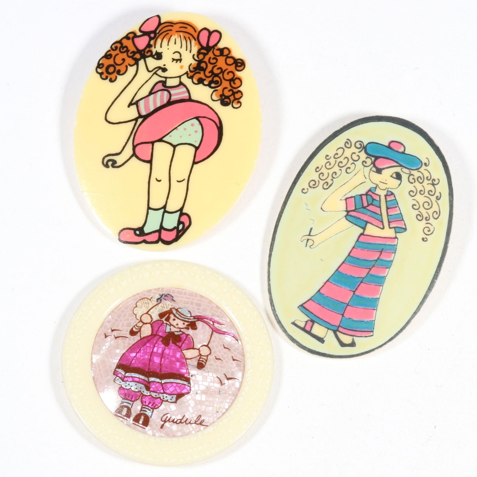 Early unsigned Lea Stein Serigraphy 3pc. group with pair of brooches and mirror. 2 5/8"H x 1 3/4"W (1 of 13)