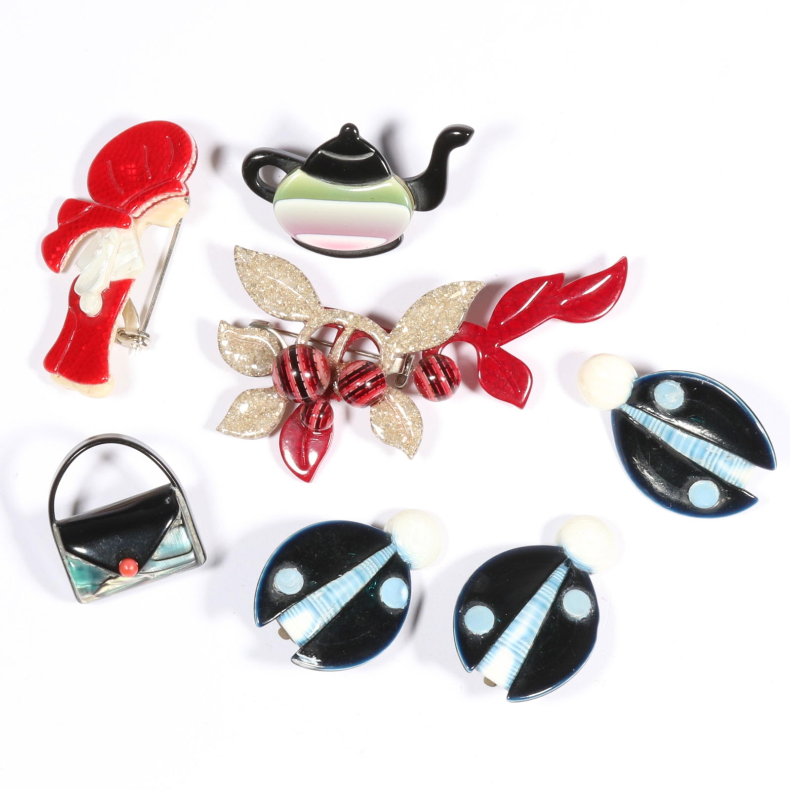 Lea Stein Berry brooch, Lady bug brooch and matching earrings, Poulbot Boy, Teapot, and Handbag. 2 (1 of 15)