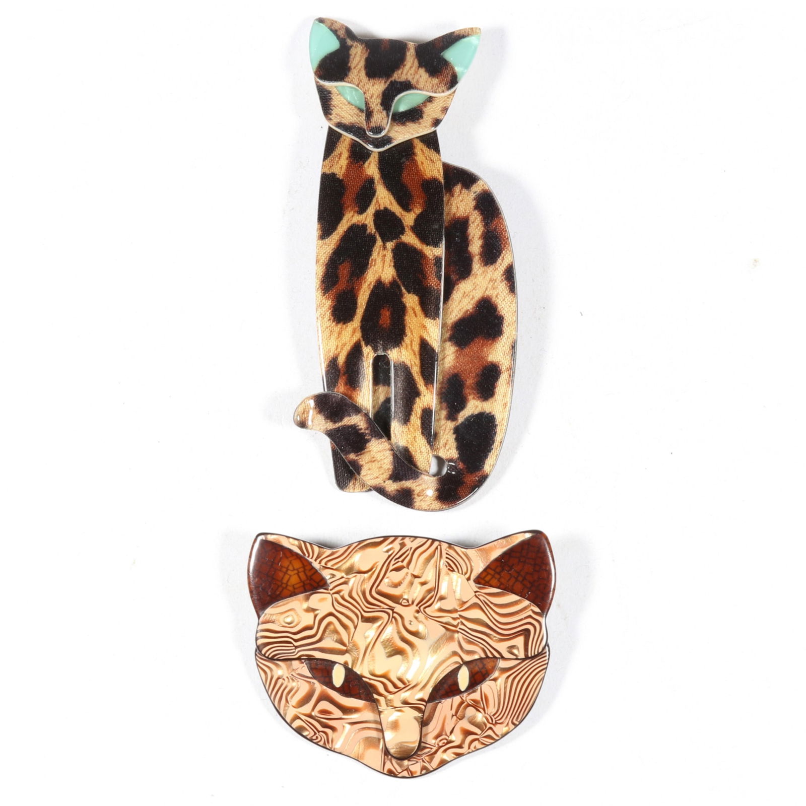 Pair of Lea Stein cellulose acetate plastic cat brooches "Quarrelsome cat" and "Attila cat". 3 3/4"H (1 of 12)