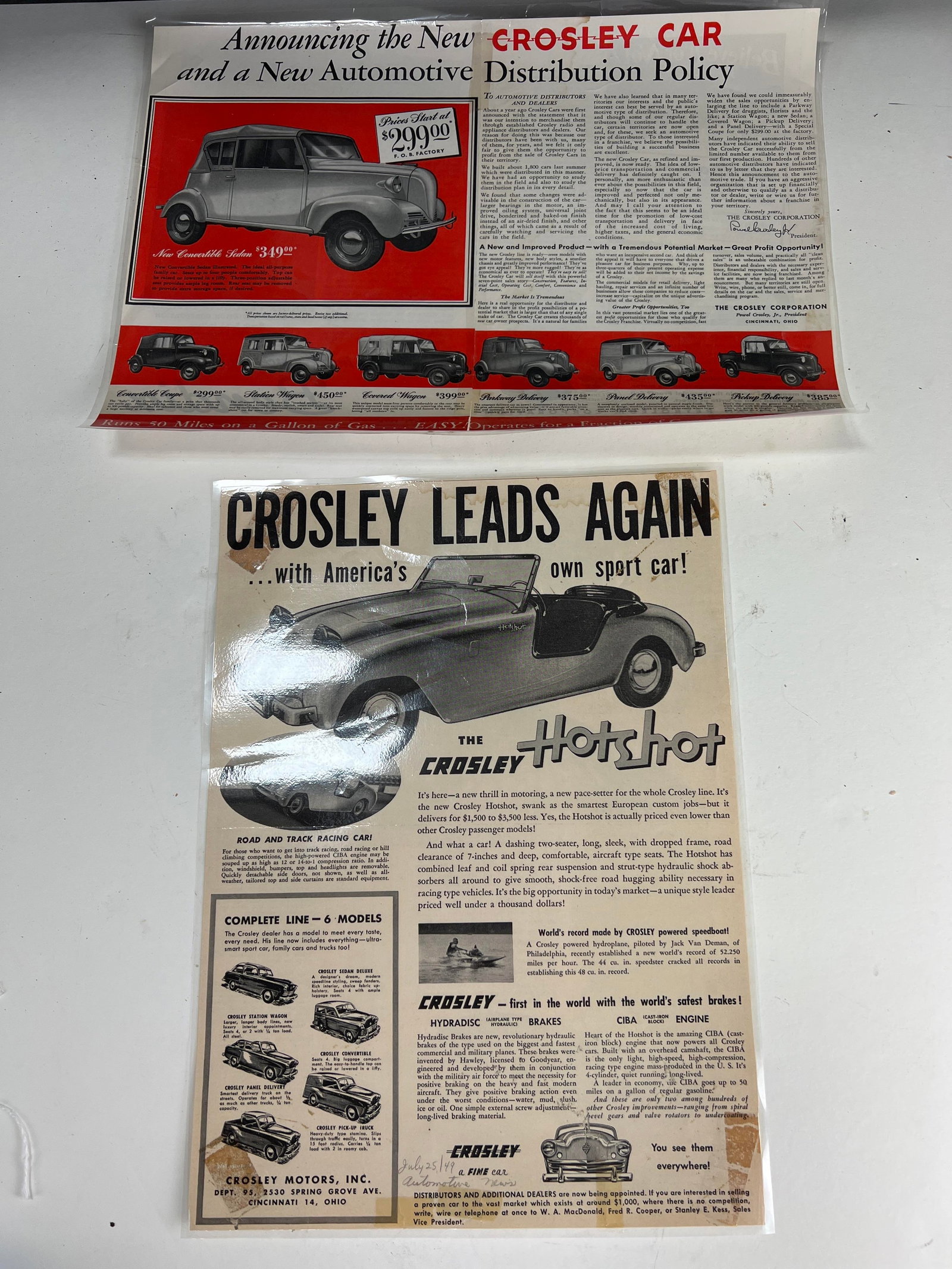 2 laminated Crosley magazine car ads, Hotshot, Cincinnati auto history: 2 laminated Crosley magazine car ads, Hotshot, Cincinnati auto history,