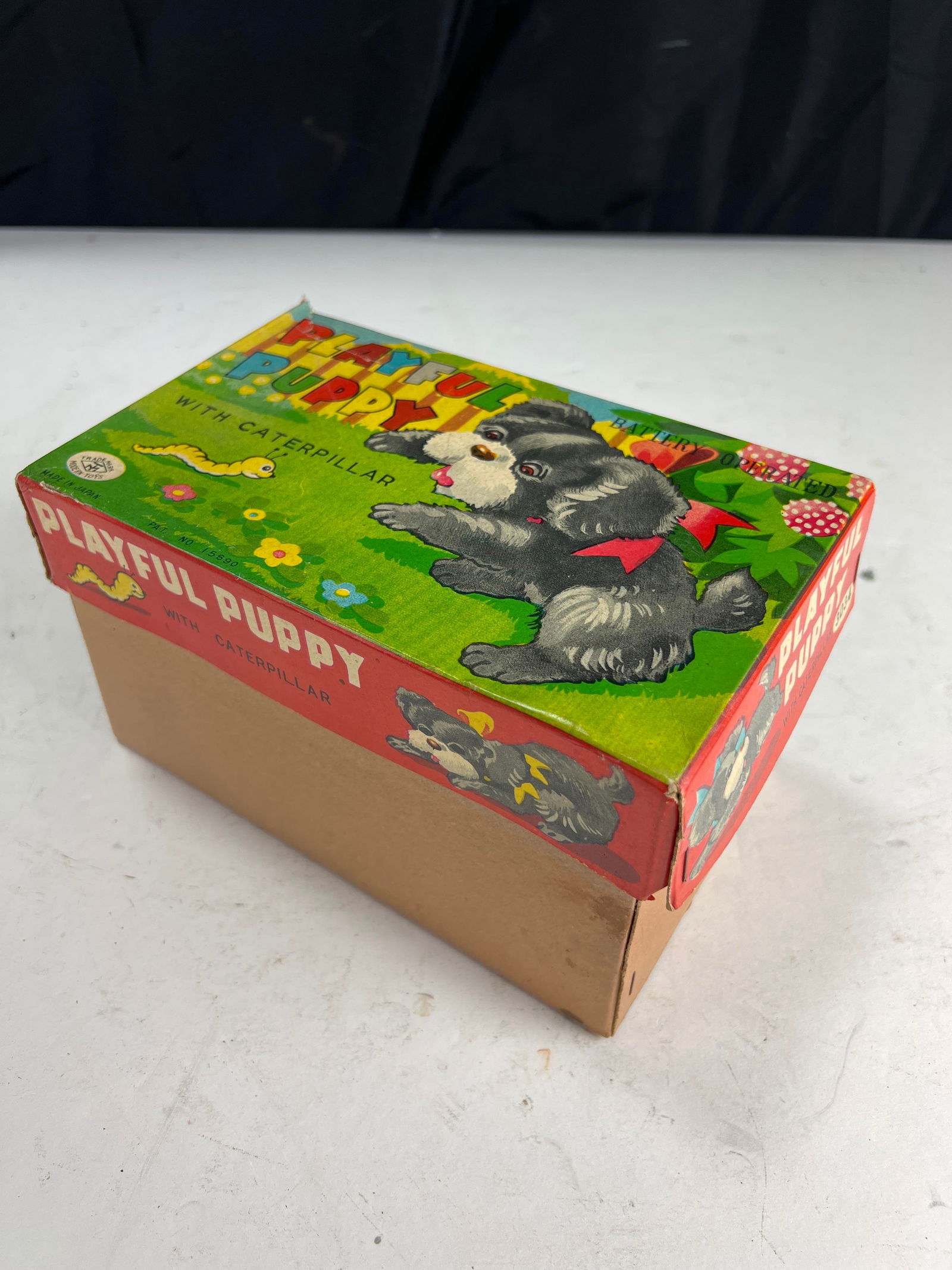 vintage "Playful Puppy With Caterpillar" toy in its original box, Modern Toys Japan, mechanical or: vintage "Playful Puppy With Caterpillar" toy in its original box, Modern Toys Japan, mechanical or battery-operated dog toy