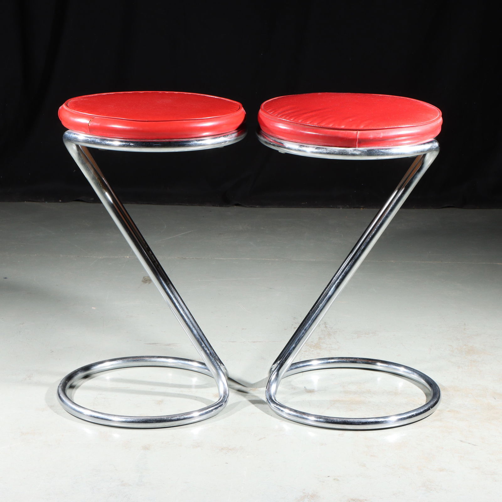 Machine Age Gilbert Rohde Z Chrome Stools Pair 24"H x 14"Diam (1 of 8)